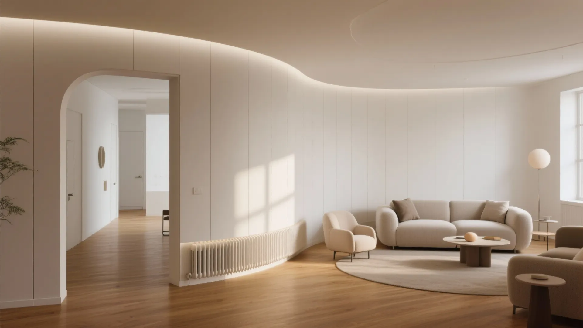 Modern white living room with curved wall panel, cream sofa, wooden floor, and soft lighting