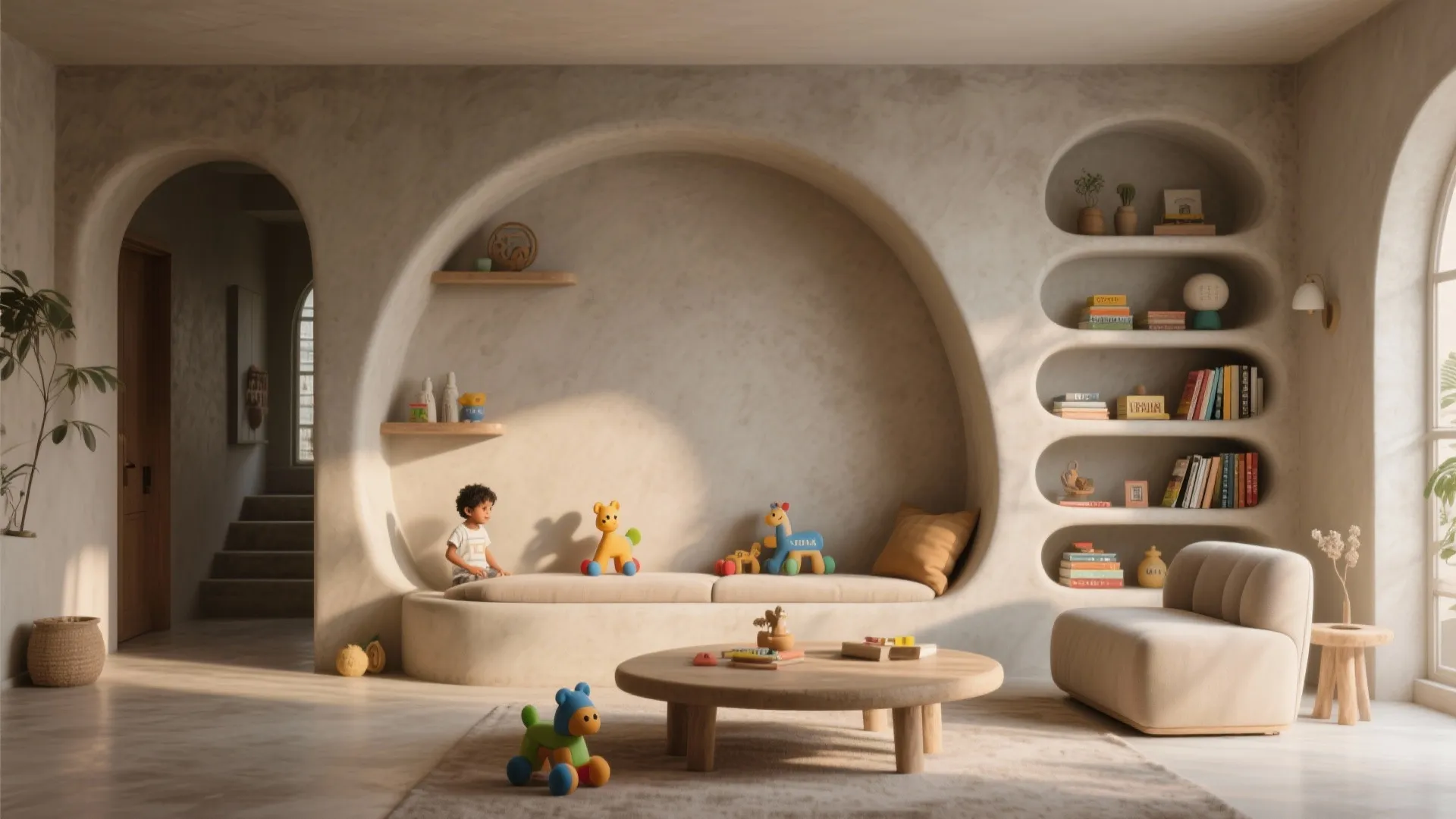 Curved Microcement Shelves for Softer Edges