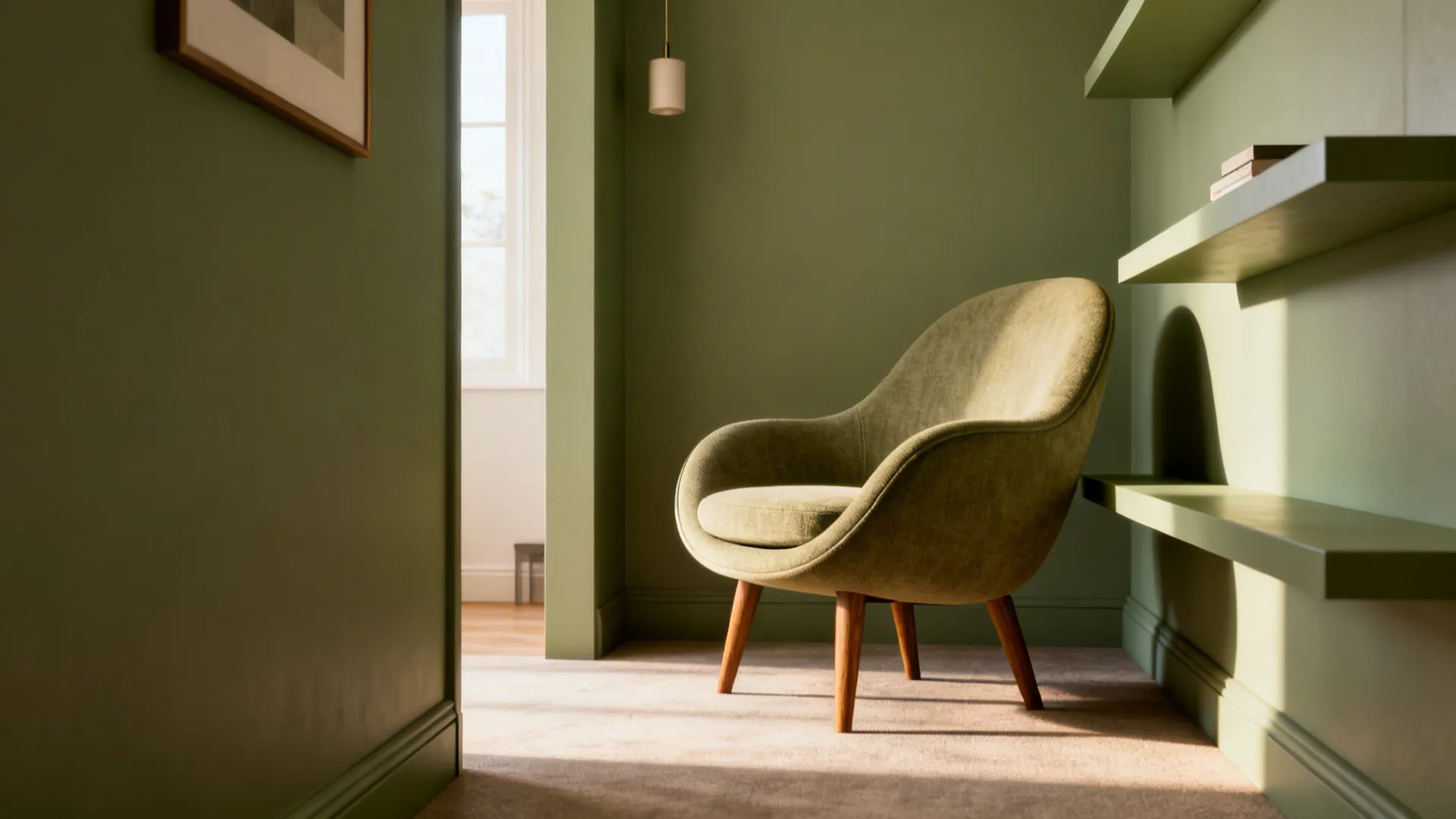 Curved mid-century accent chair with raised legs next to a floating shelf in a small studio