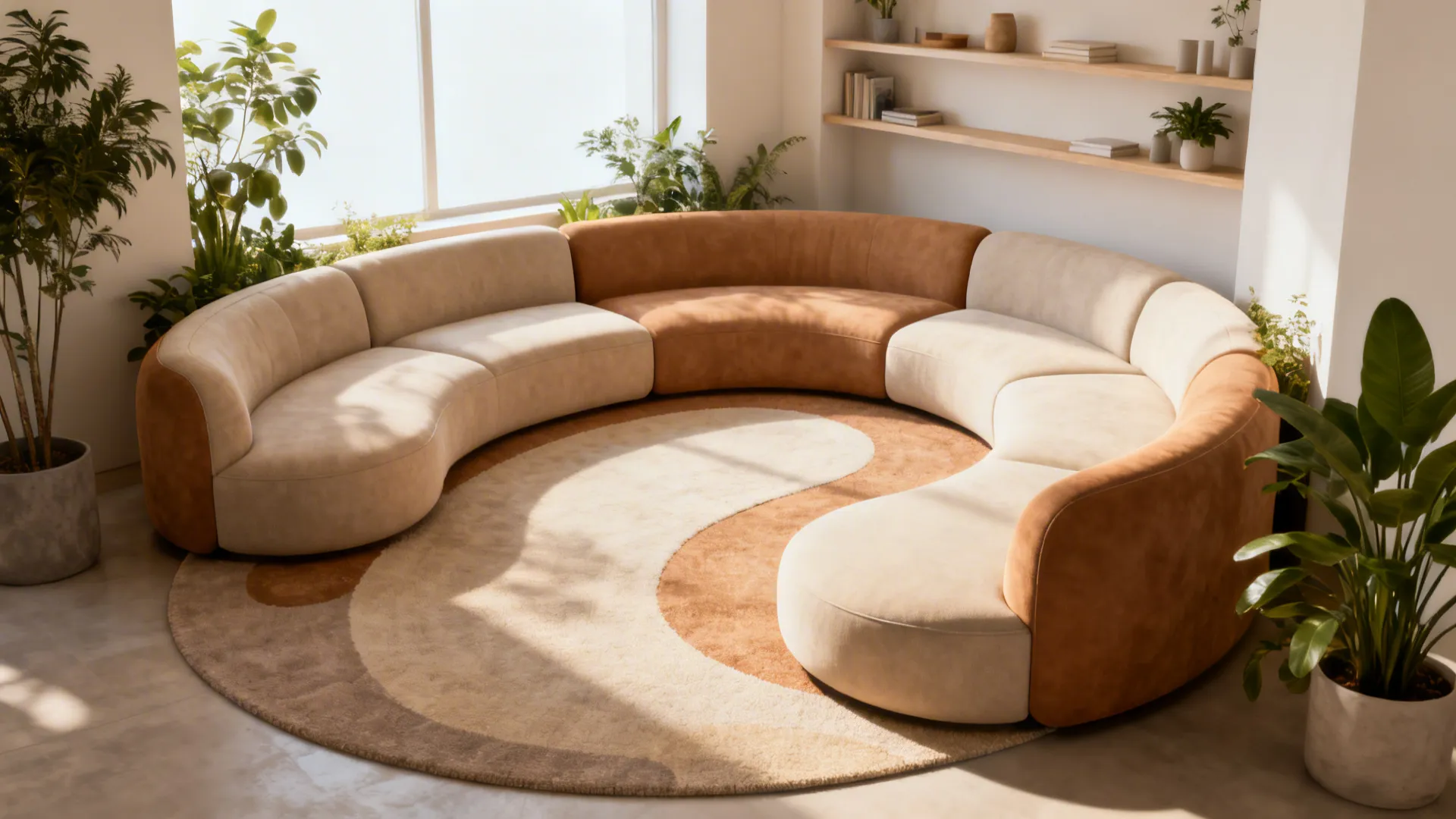Small studio with gentle curved modular sofa segments forming a soft conversational nook.
