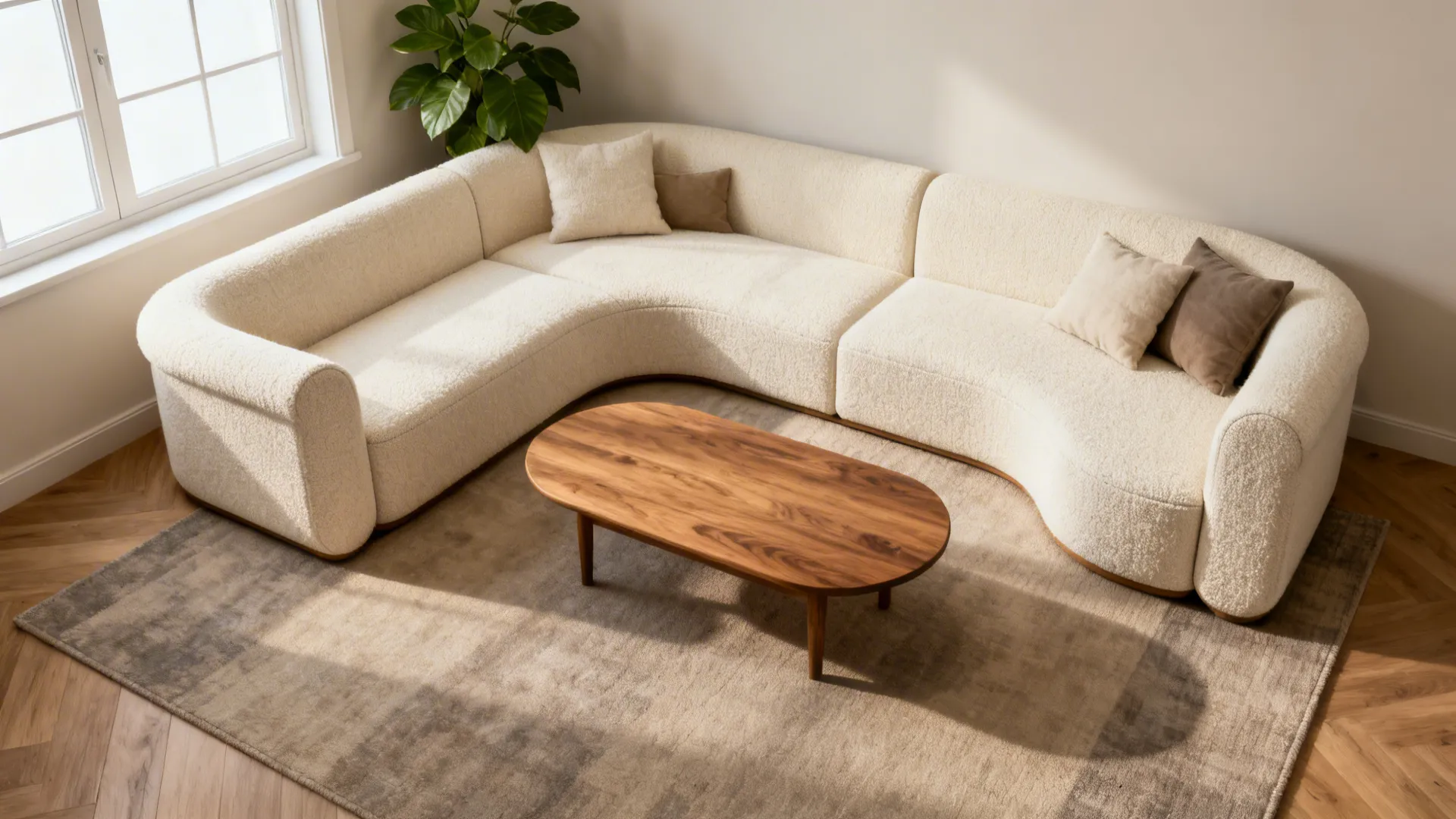 Curved-arm modular L sectional in a compact drawing room with soft textures and smooth circulation.