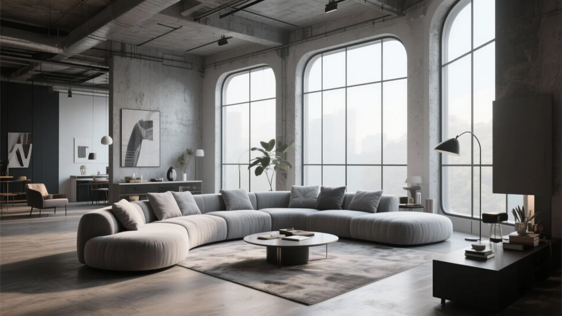 Industrial living room with large grey curved sofa round coffee table and floor to ceiling windows