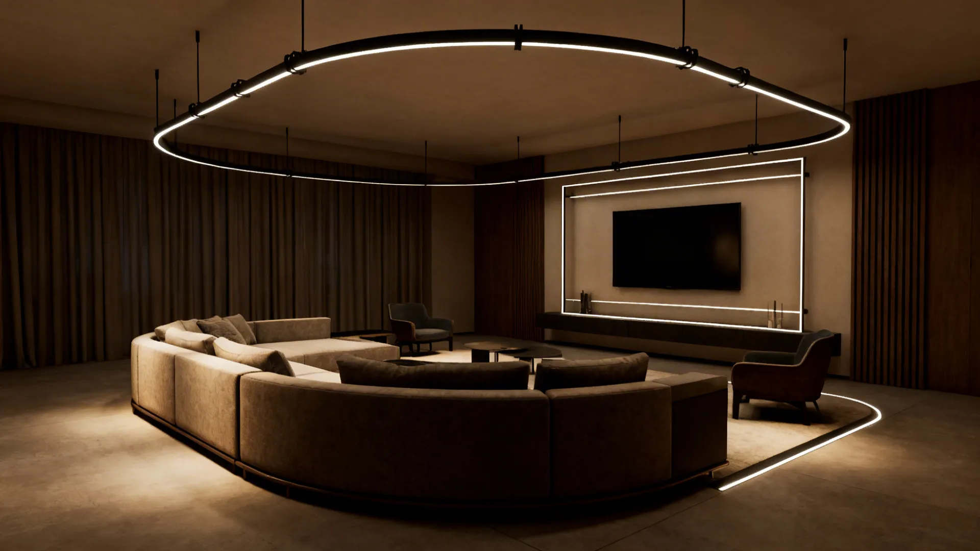 Curved track lighting above a sectional defining a seating zone with interlocking runs framing a TV wall.