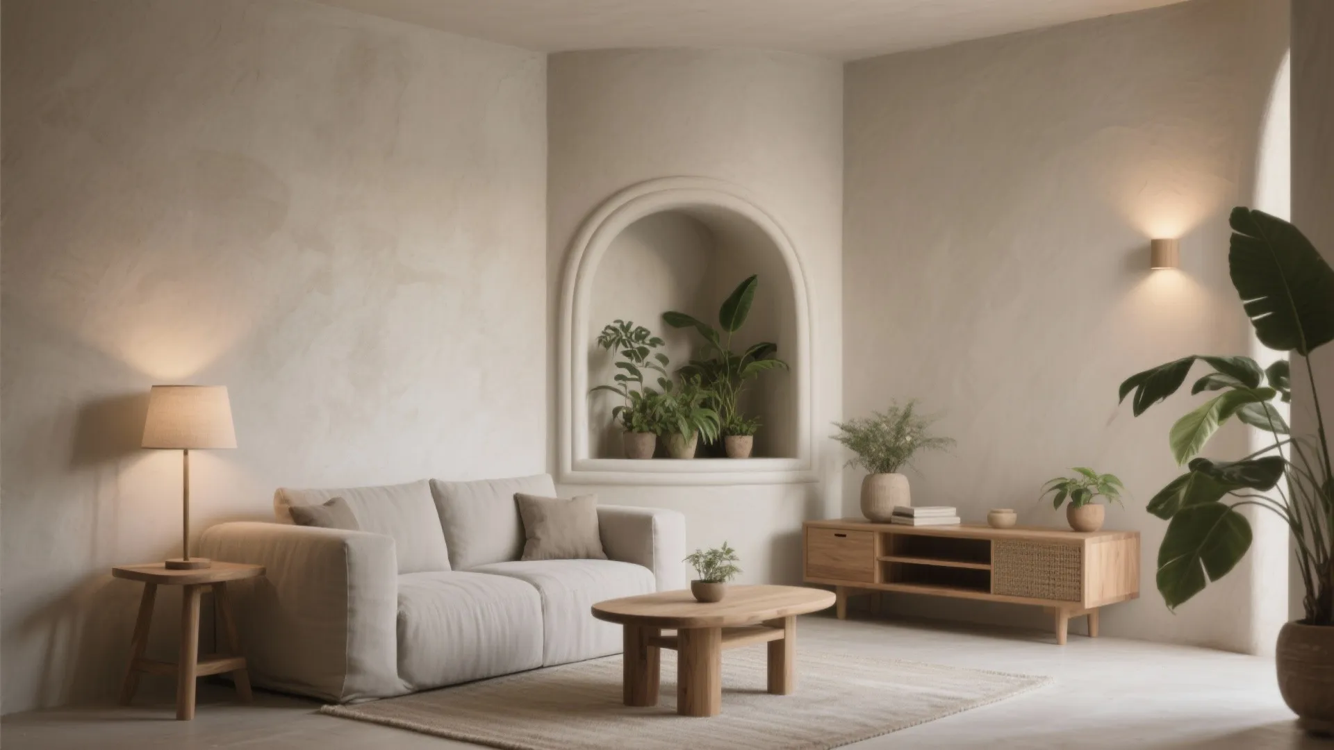 Living room featuring beige sofa wooden coffee table floor lamp and plants in curved niche