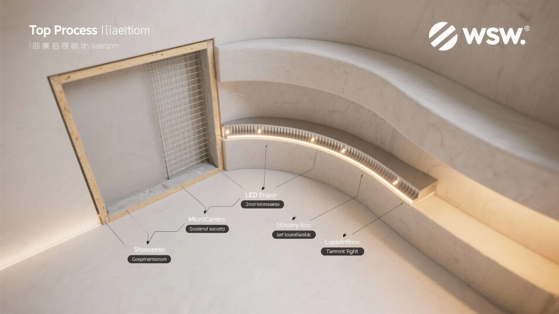 Interior design drawing showing curved wall niche construction with led light fixture and metal mesh