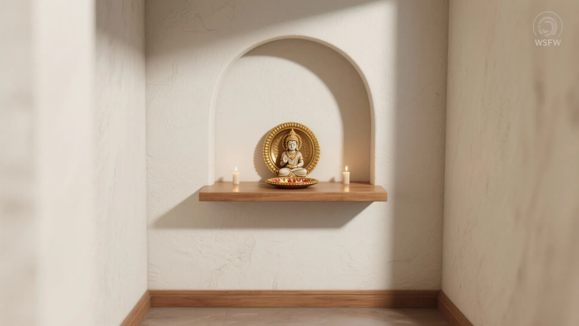 White statue on wooden shelf inside a curved wall niche with two small burning candles