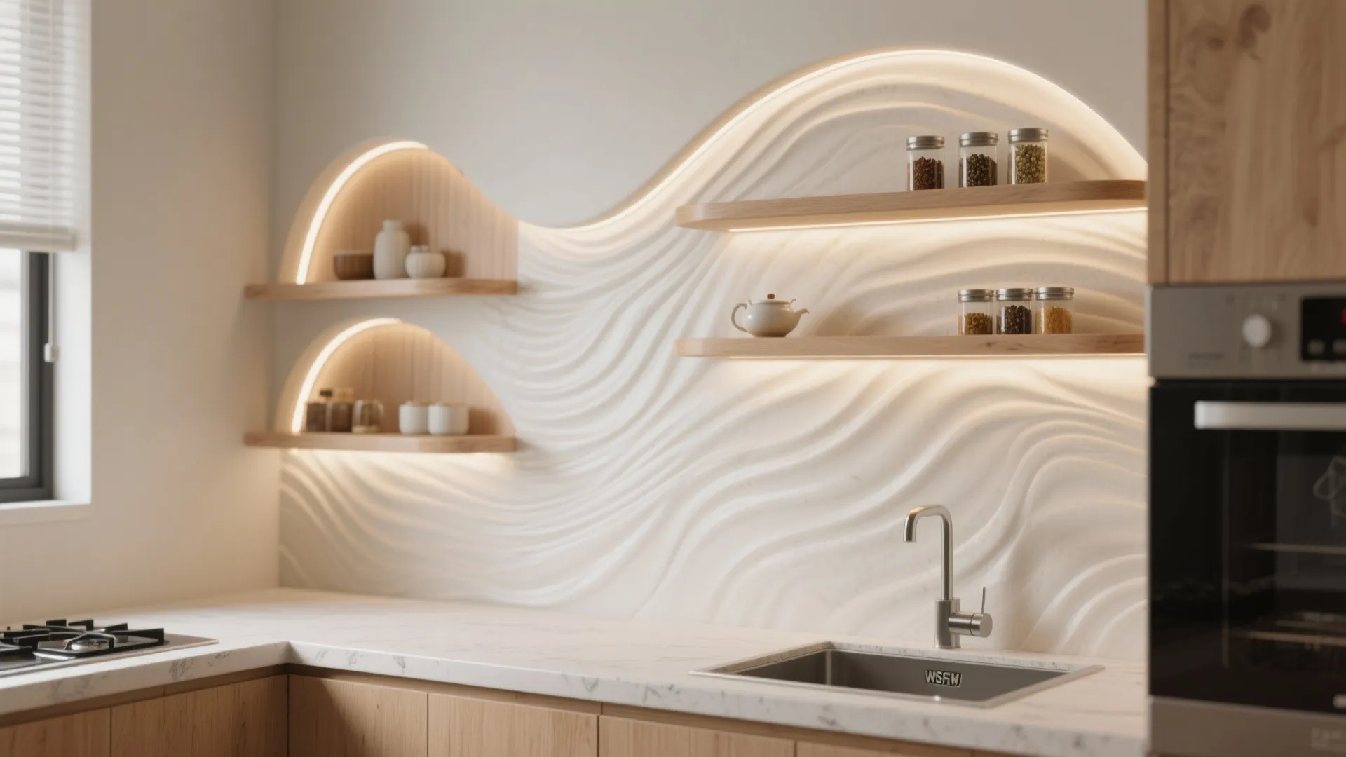 Compact Curved Shelving Integrated into the Wave