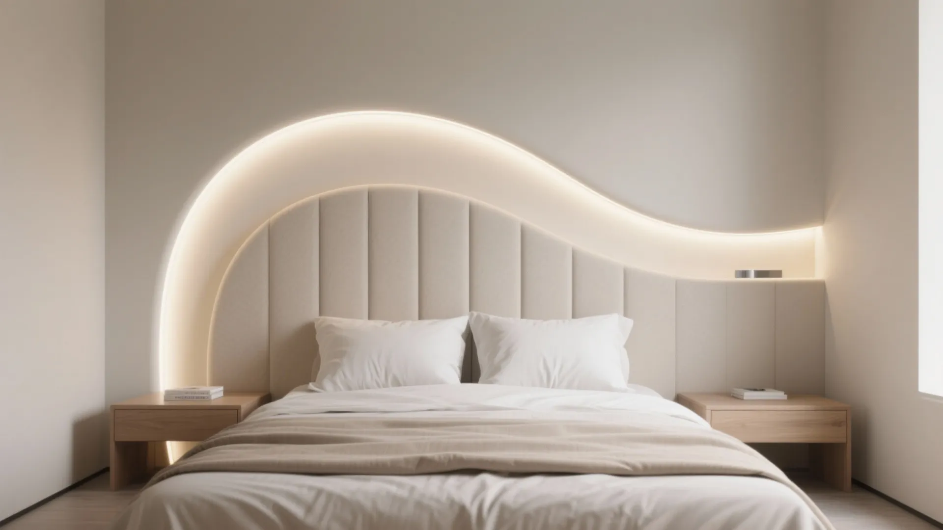 Modern bedroom featuring a curved headboard with warm backlight two wooden bedside tables and white bedding