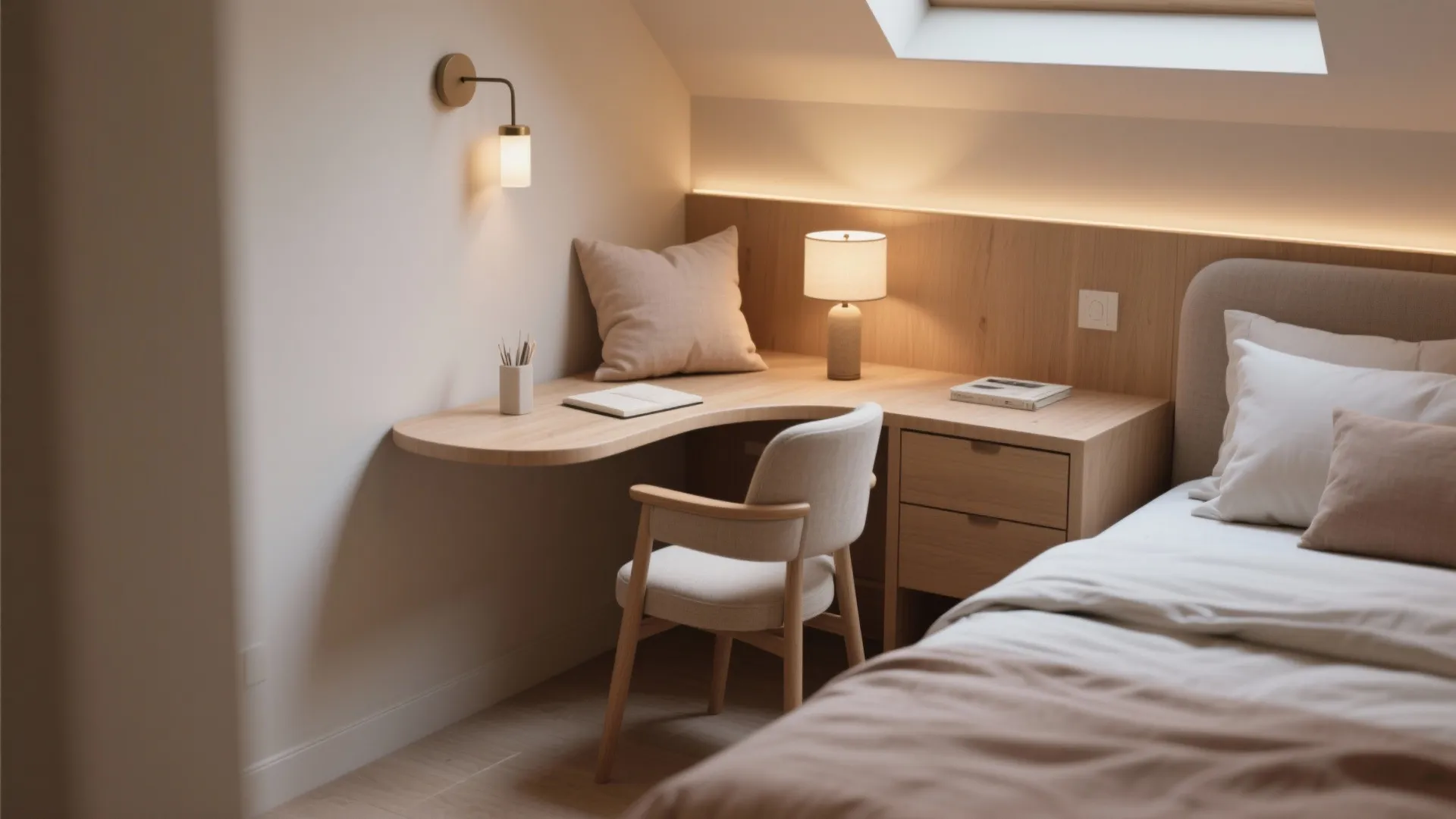 5. Custom nook with curved corner desk and soft lighting