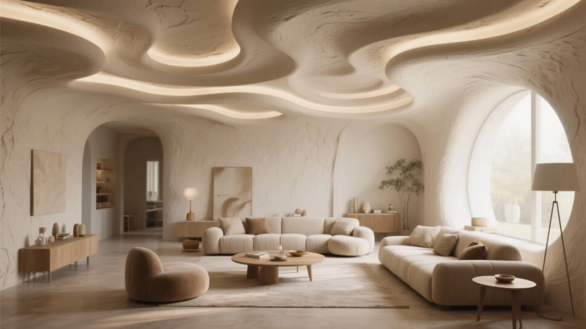 Unique living room design with wavy organic ceiling shapes warm hidden lighting and beige furniture