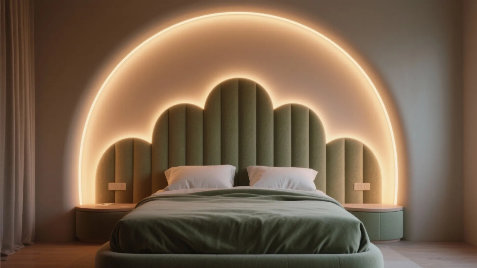 Elegant bedroom with green curved wall panel headboard, warm light fixture, and soft green bedding