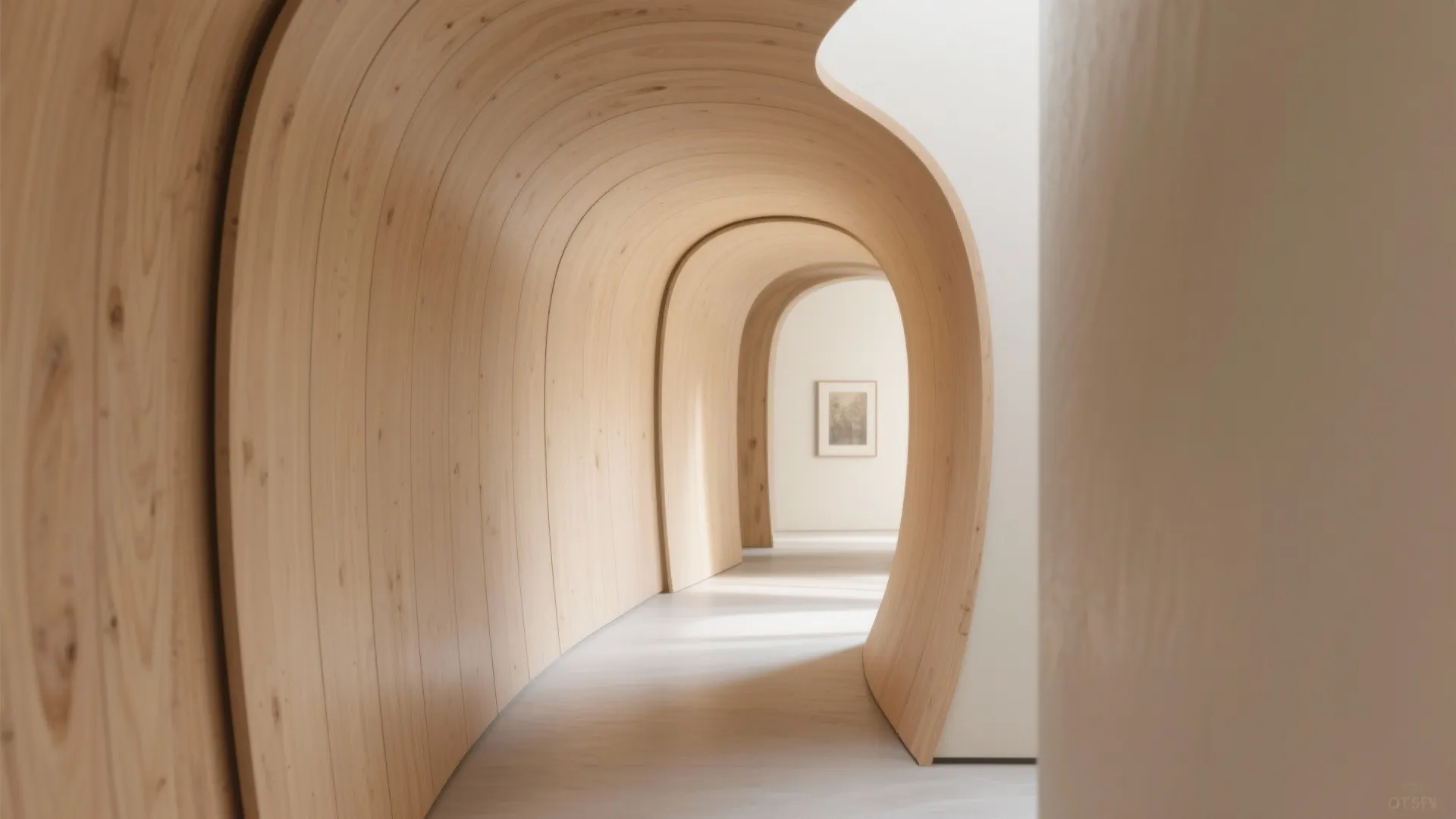 Narrow hallway with curved plywood wall panels creating a soft radius corner for organic flow and smoother circulation.
