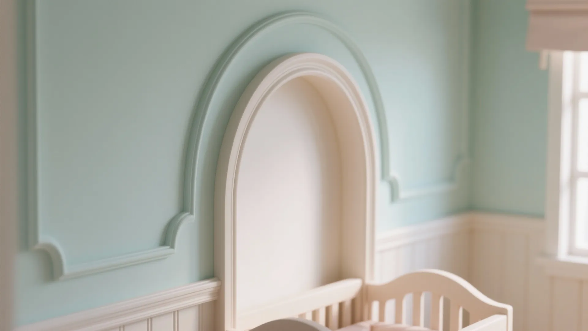 Light blue wall with arched white wall panel trim detail next to a small crib