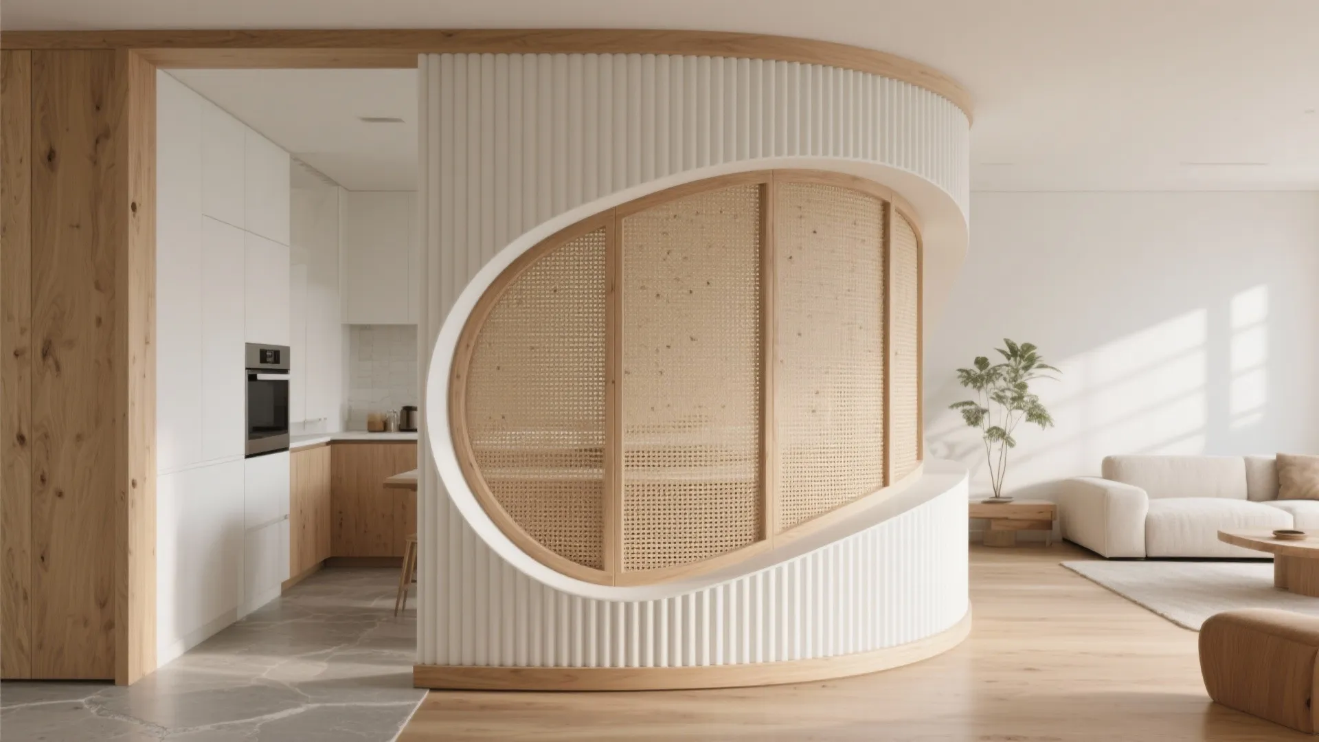 Curved white oak ribs guide movement between kitchen and living while adding soft, sculptural privacy.