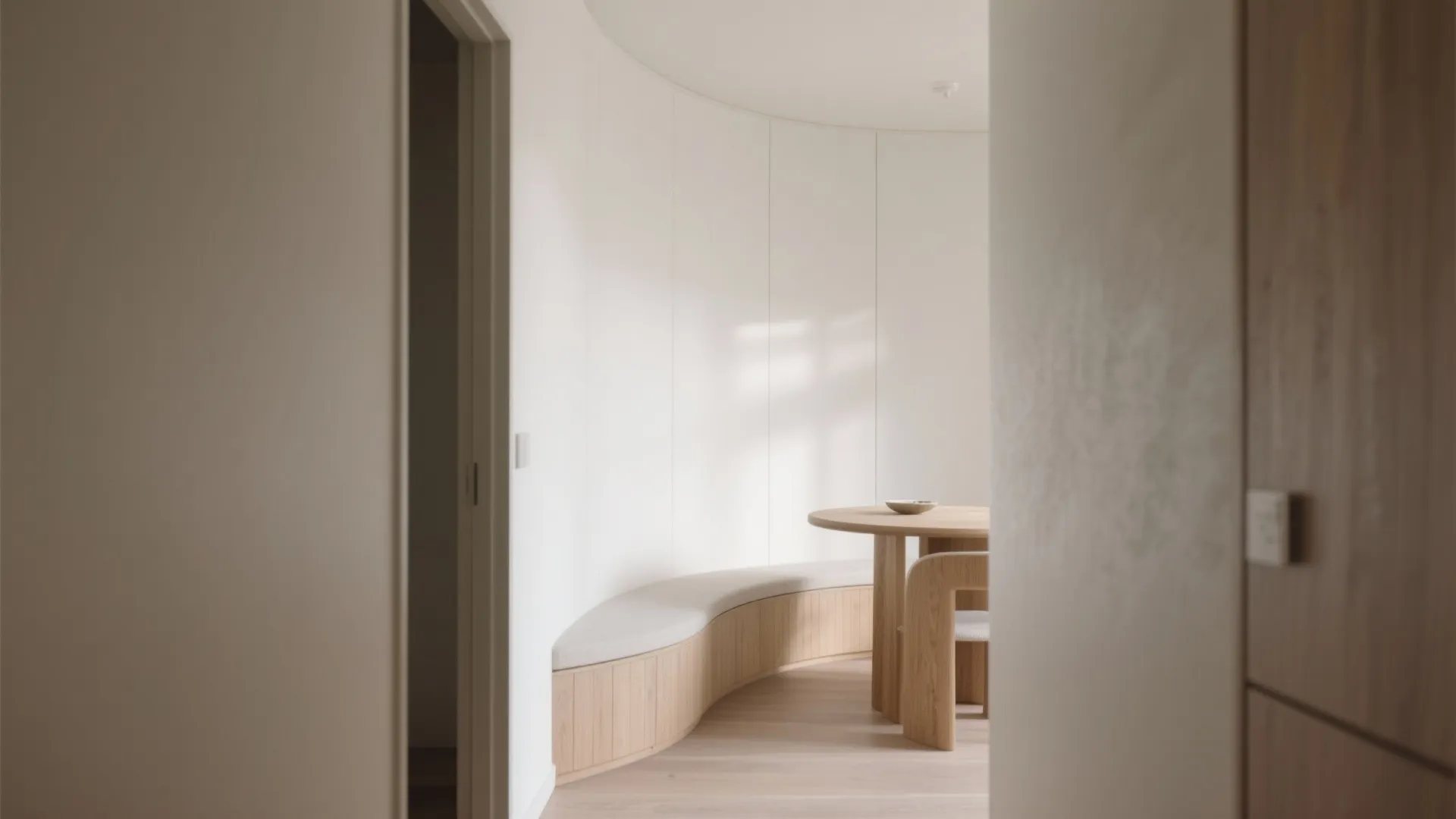 Modern dining area with curved wooden bench seat round table and soft natural sunlight shadows