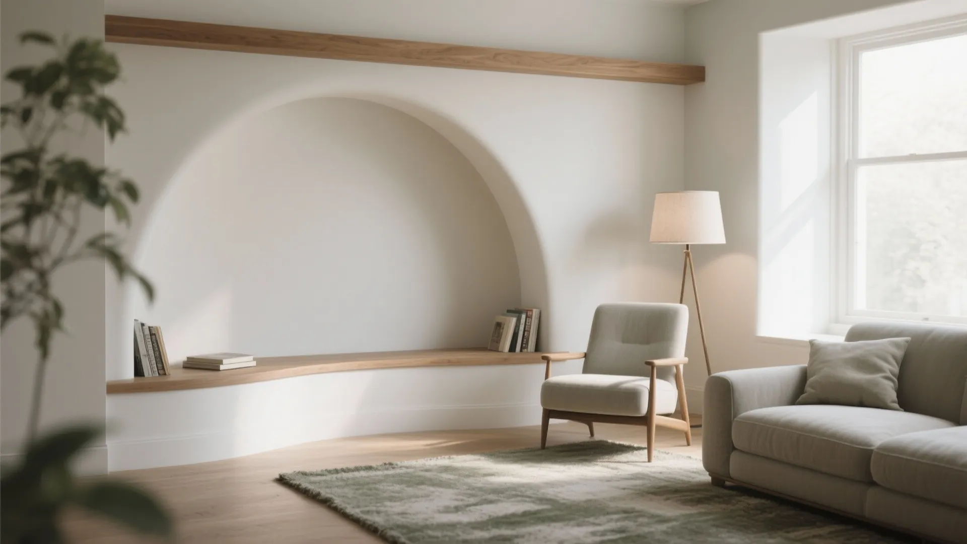 Curved Gypsum Partition to Gently Zone the Living Room