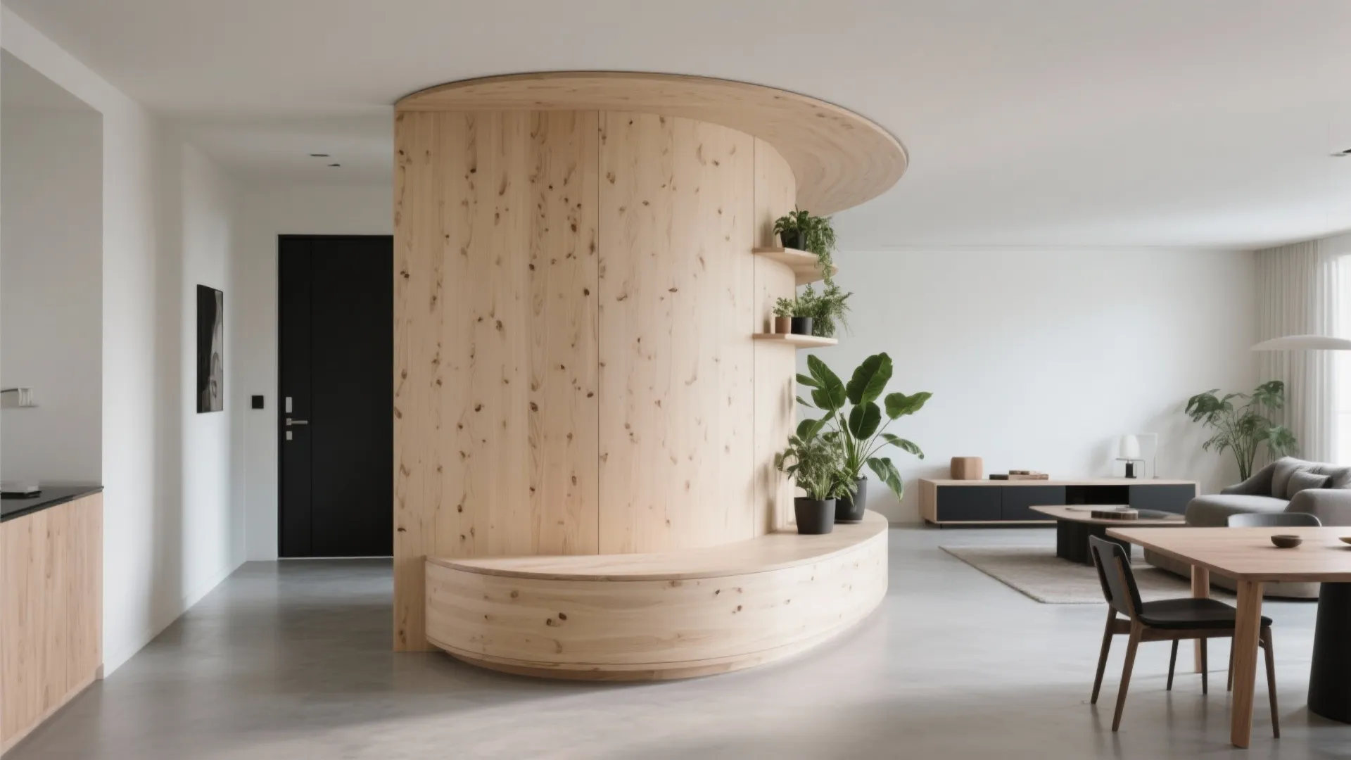 Curved Plywood Partition to Zone the Entry