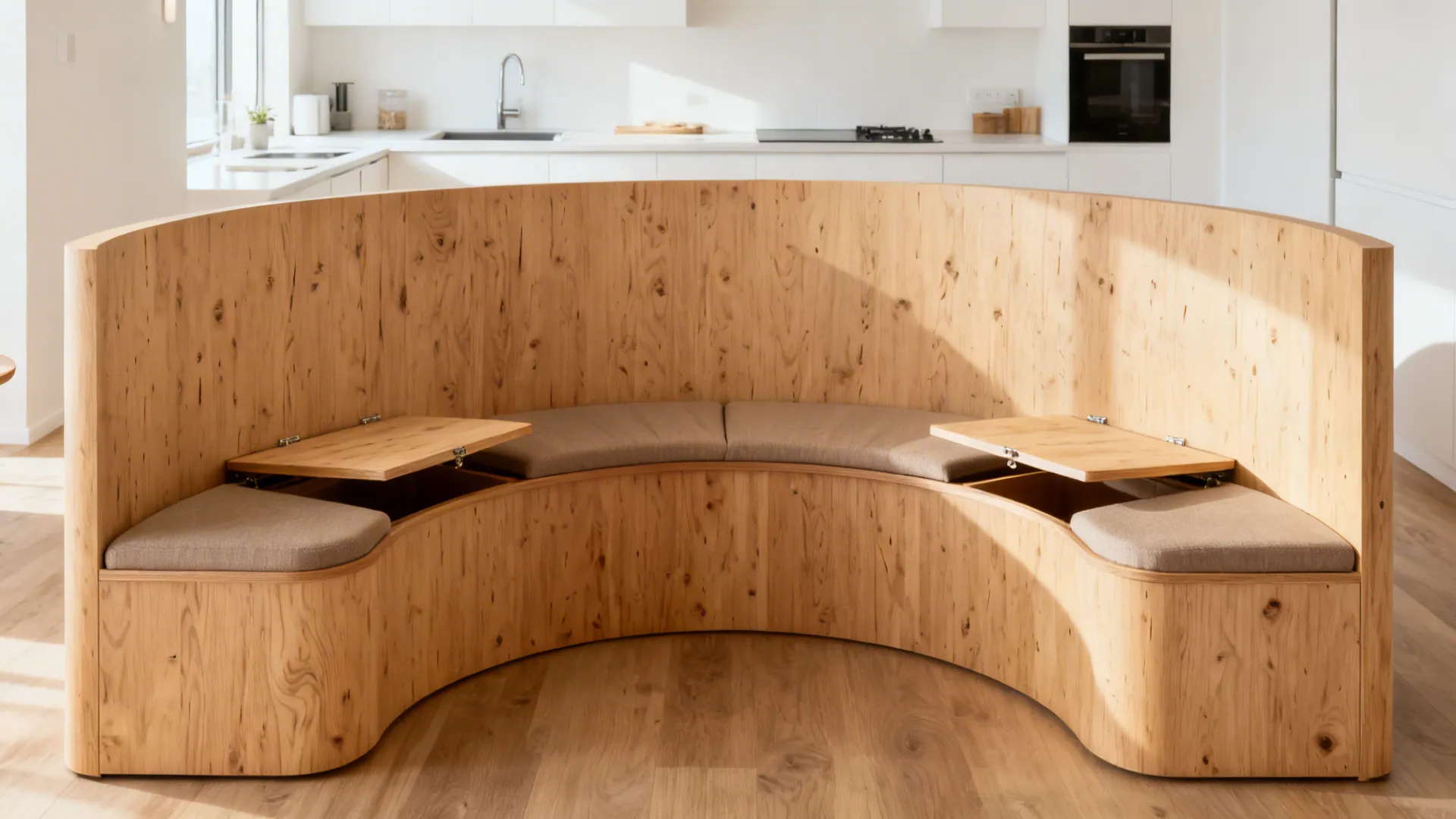 Curved birch plywood partition with an integrated bench creates a cozy dining nook in a micro-loft.