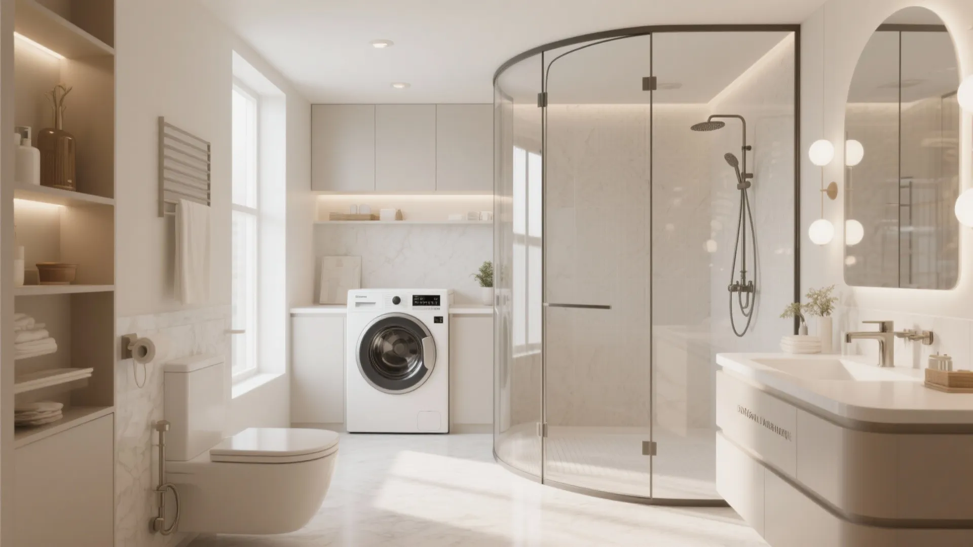 Bright bathroom with a curved glass shower and washing machine placed near a white toilet