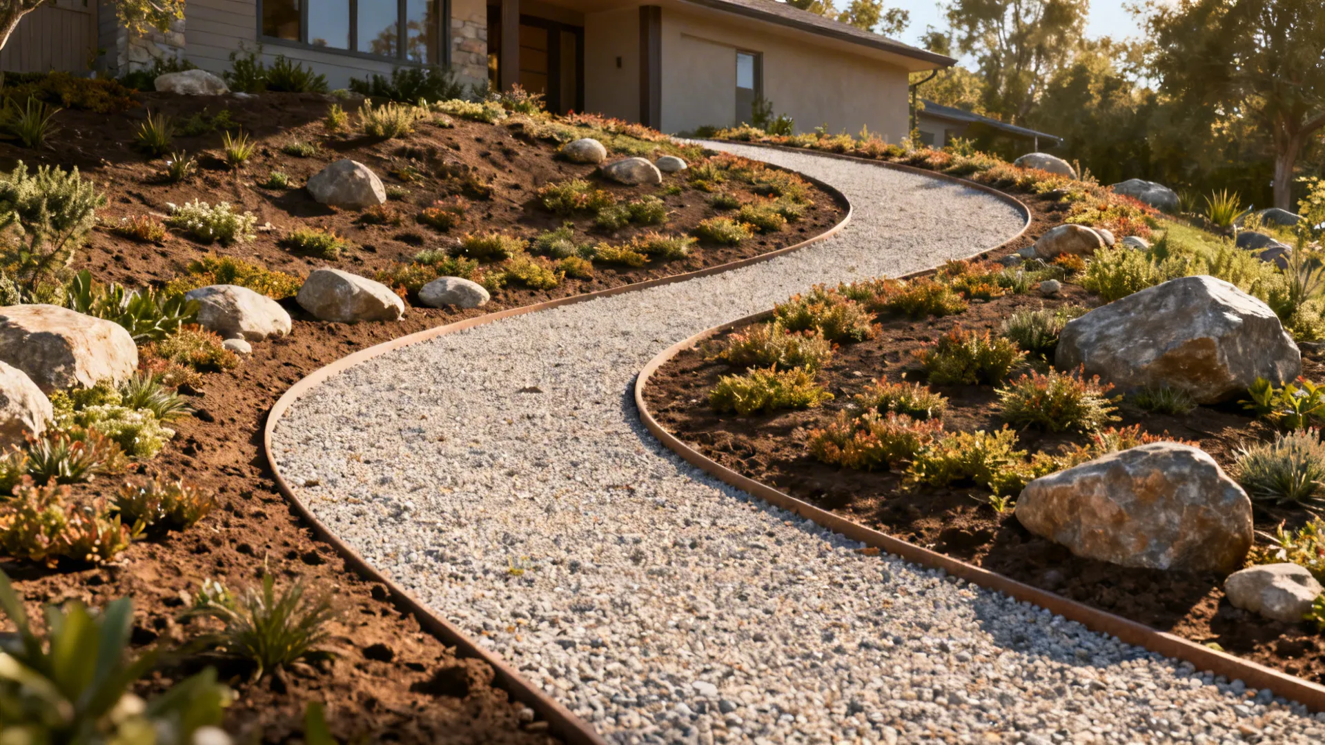 Curved gravel path on a slope lined with native groundcovers and boulders.