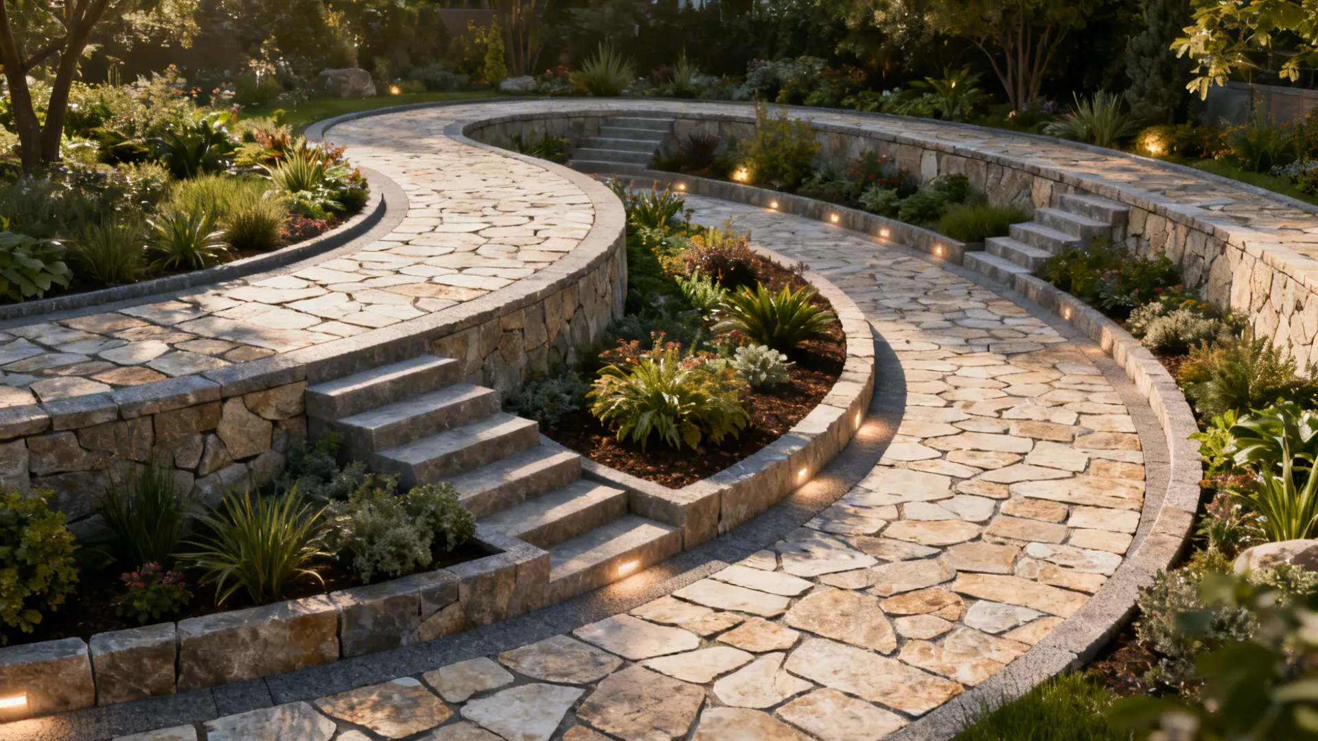 Curved natural stone pathway linking different garden levels with planted pockets.