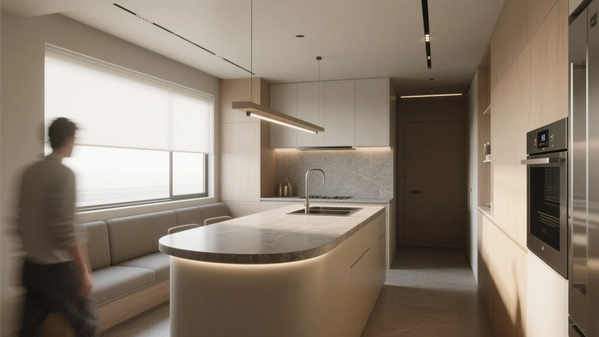 Minimalist kitchen with a curved island counter and warm light fixtures near a grey sofa