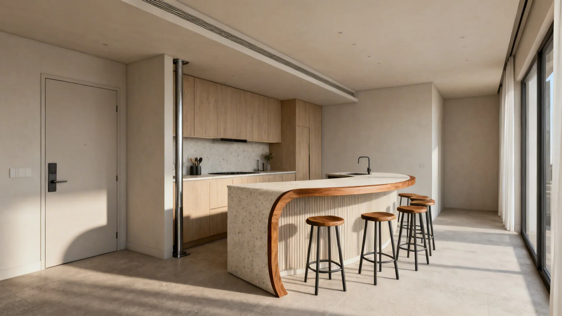 Compact kitchen peninsula with a rounded corner and stools arranged along the curve.