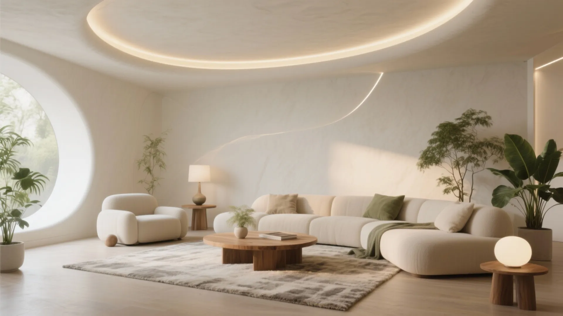 Modern living room with curved sofa round coffee table unique ceiling light and large window