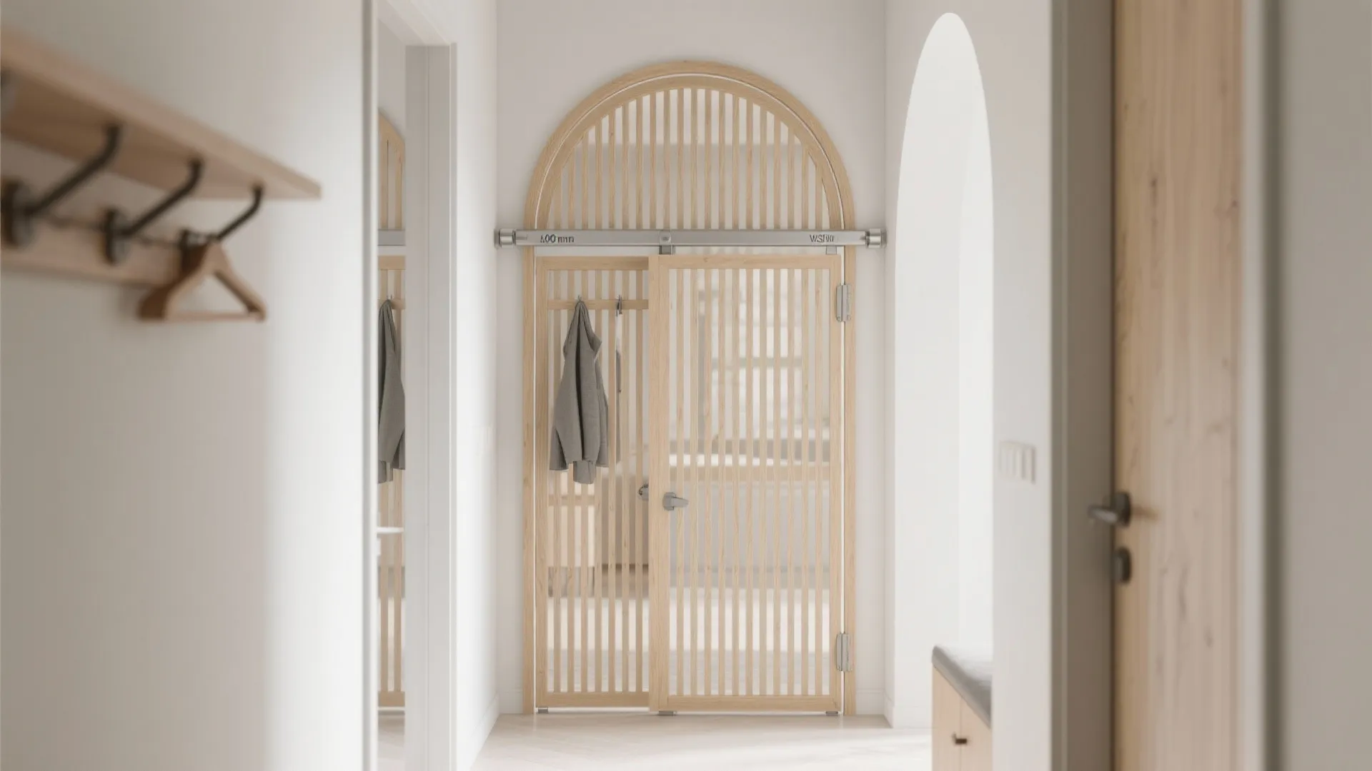 Curved or pivoting screen hall partition softens flow, maintains 900 mm clear passage, warm wood with rounded edges.