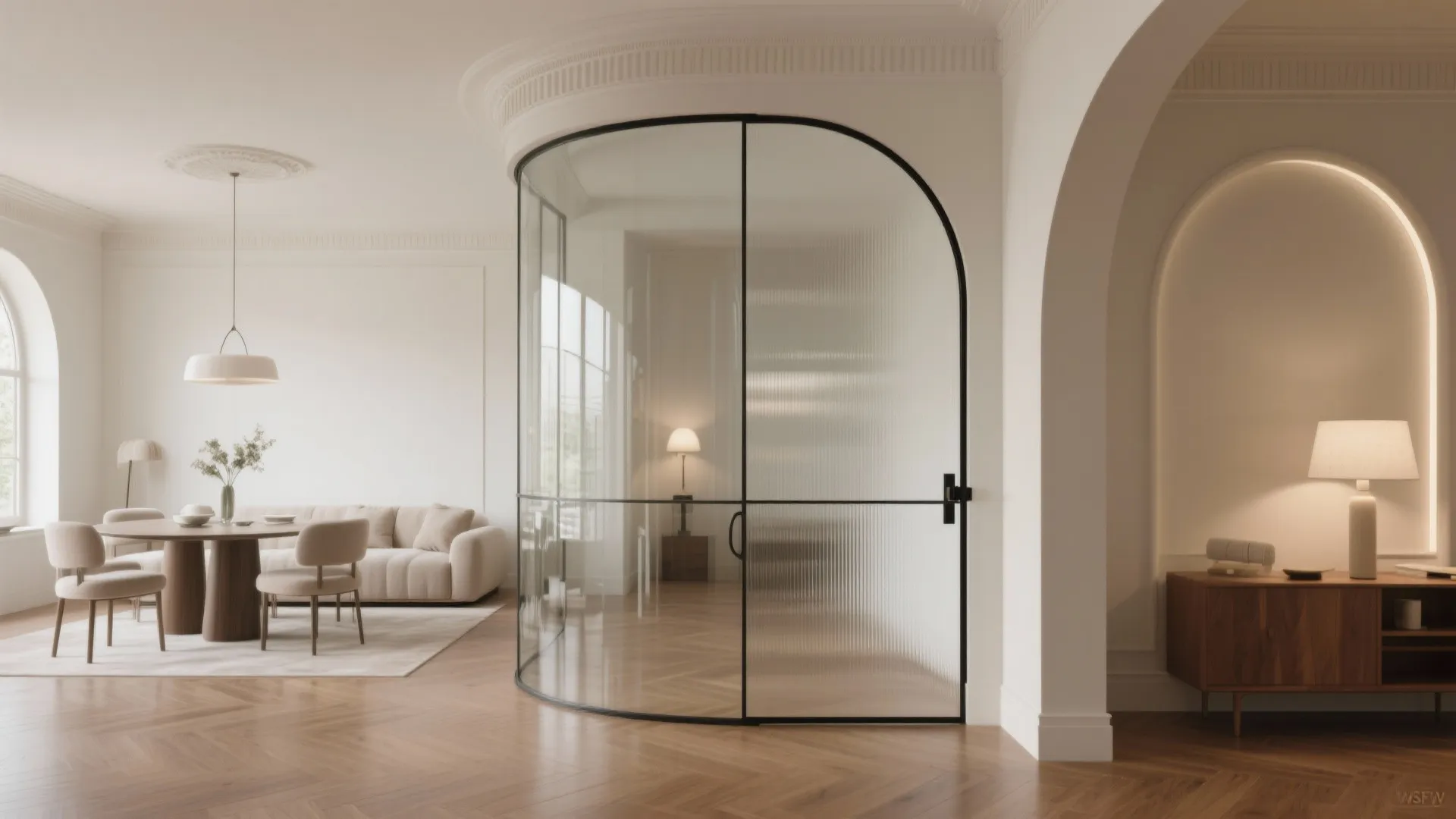 5) Curved panels or a pivot door to soften circulation