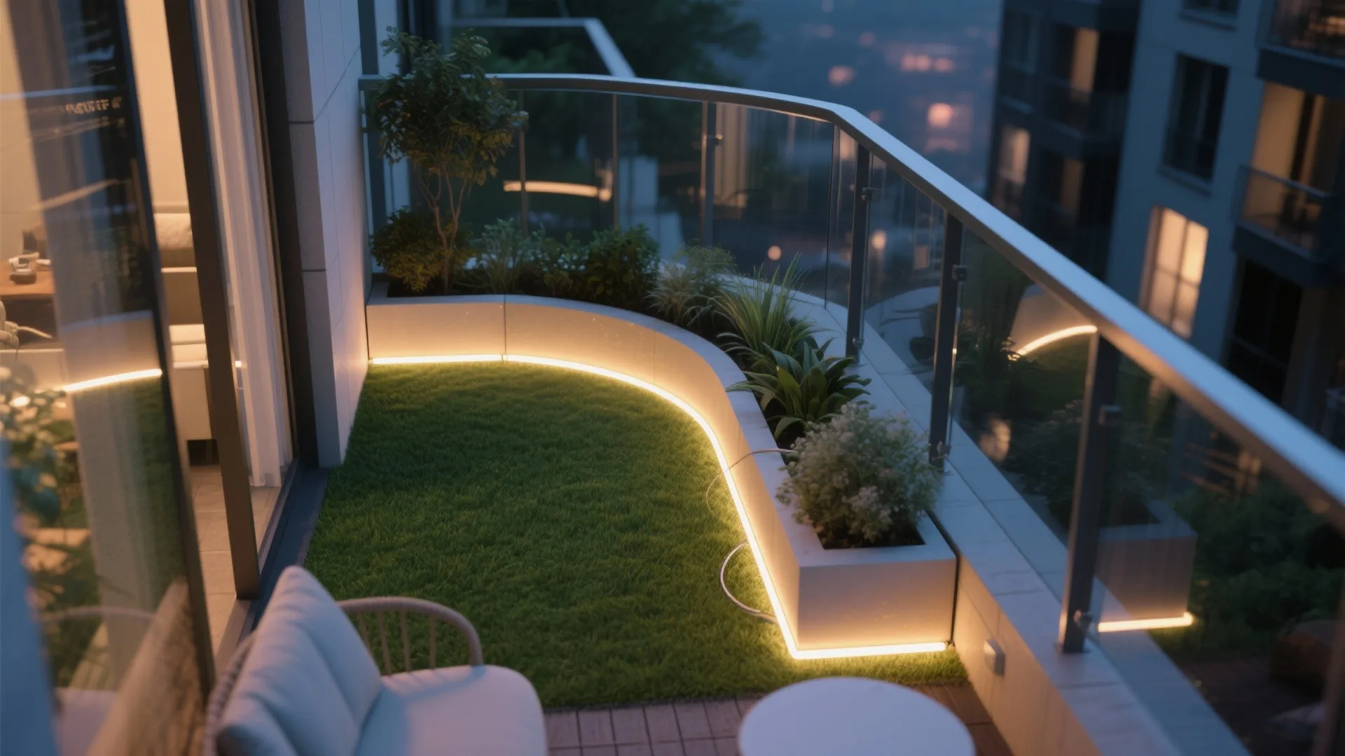Soft-Edges: Turf + Planter Curves + Lights