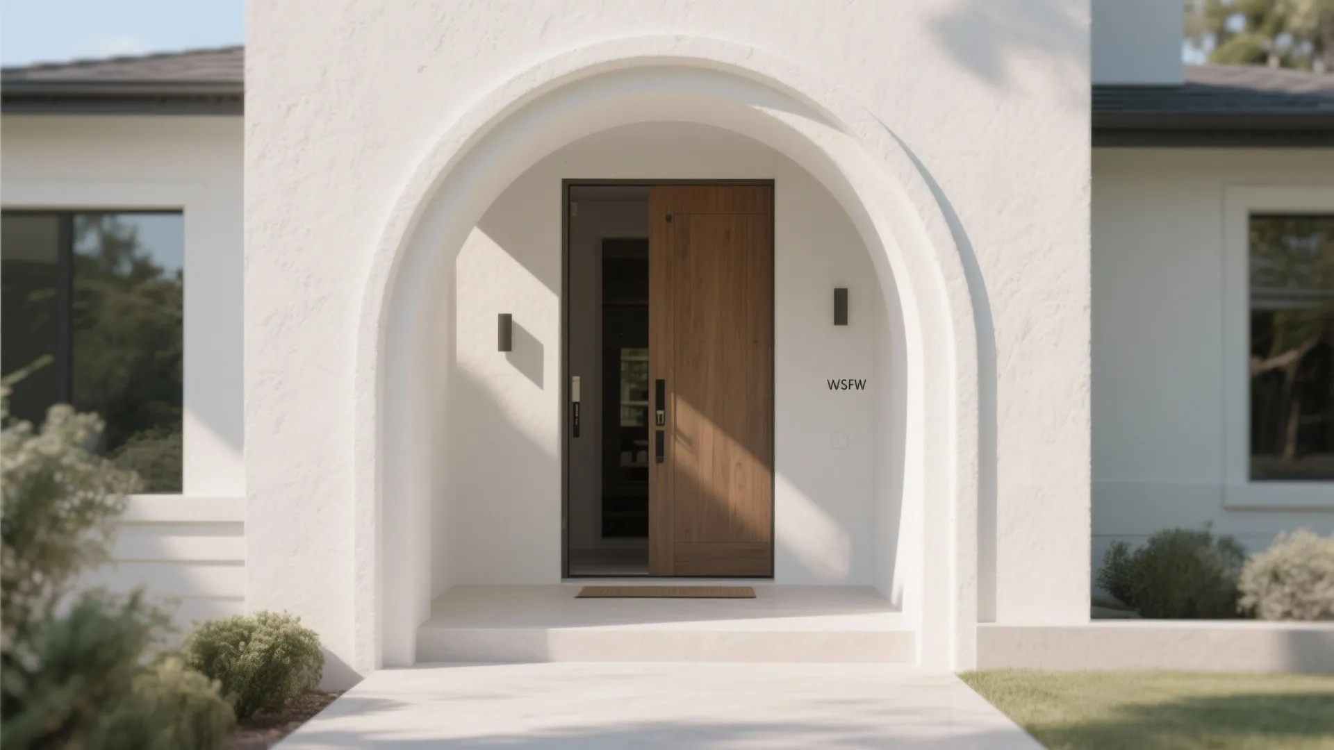 Modern white house entrance with a large curved archway and a wooden front door design
