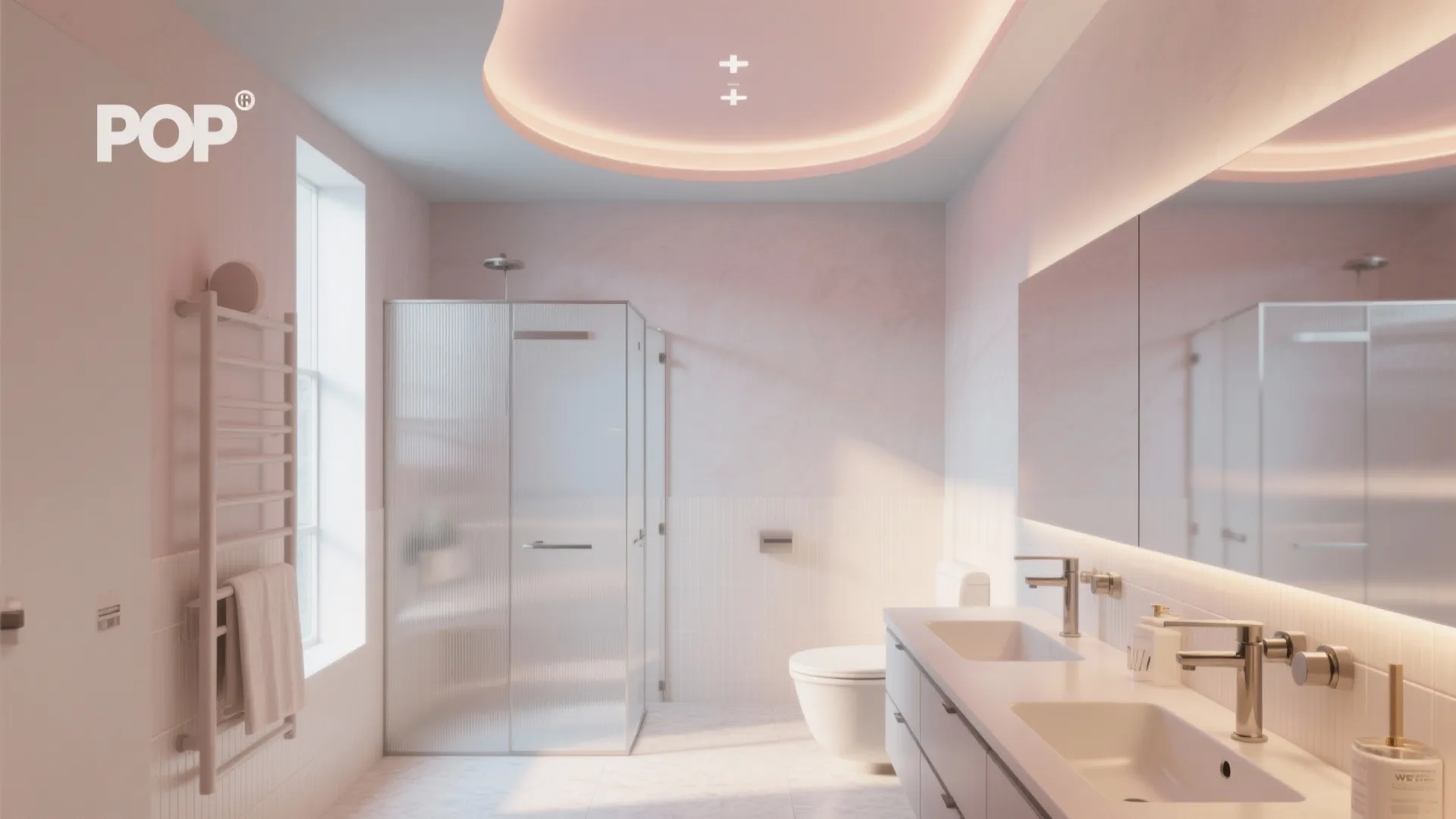 Modern pink bathroom featuring a curved ceiling light glass shower toilet and large vanity mirror
