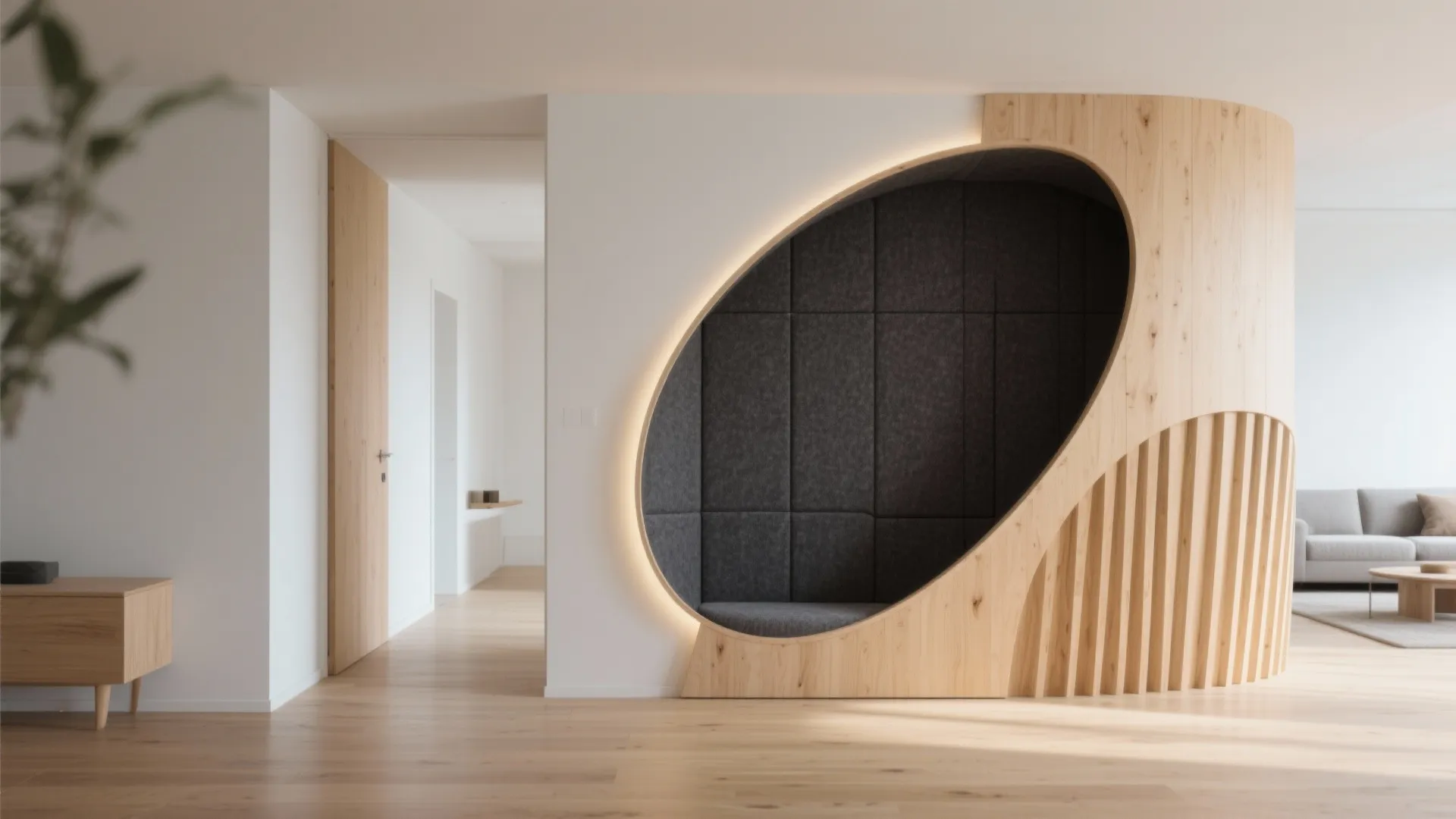 Curved plywood partition with acoustic backing