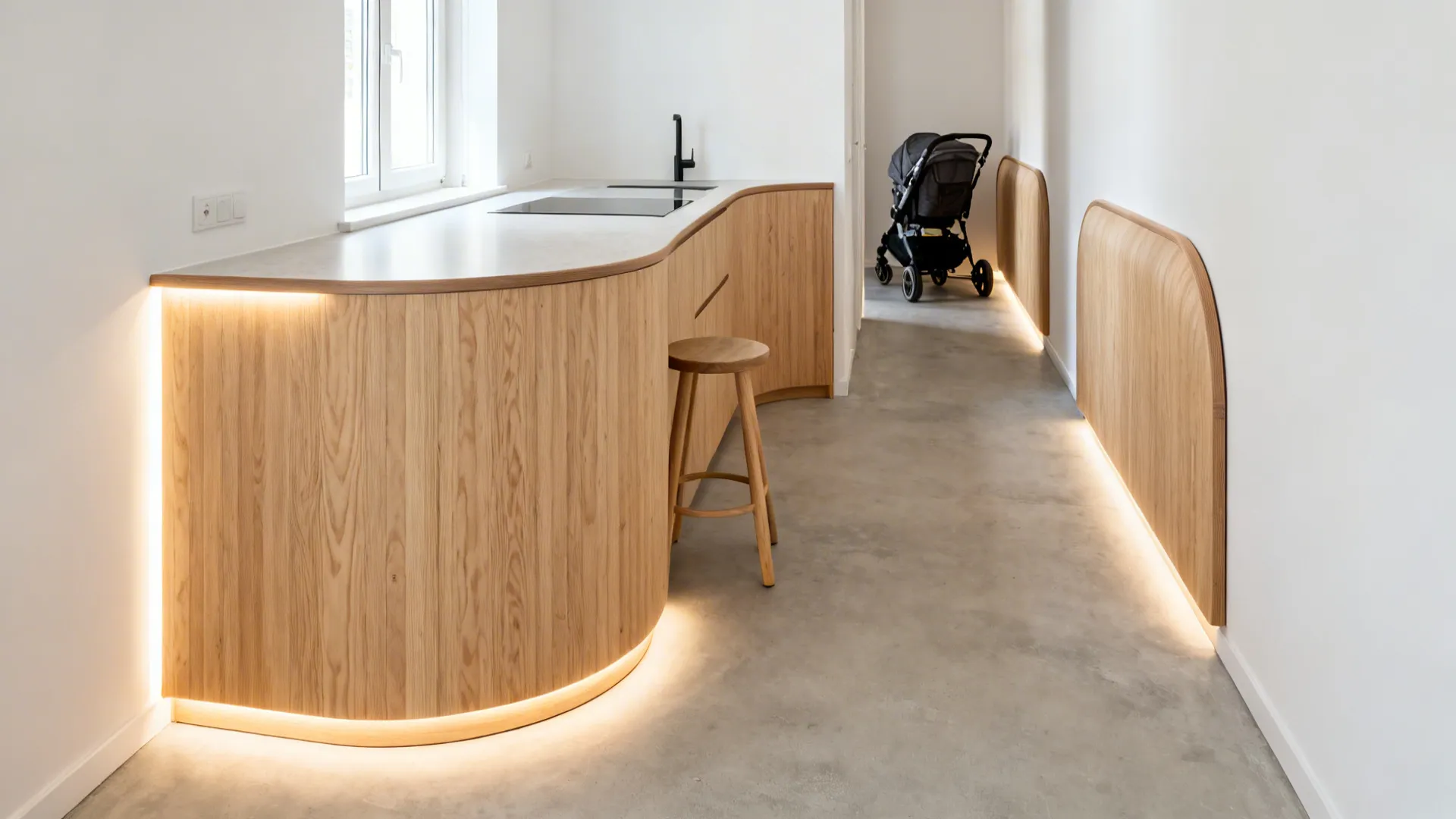 Compact kitchen with rounded plywood island corner and curved end panels for smoother circulation.
