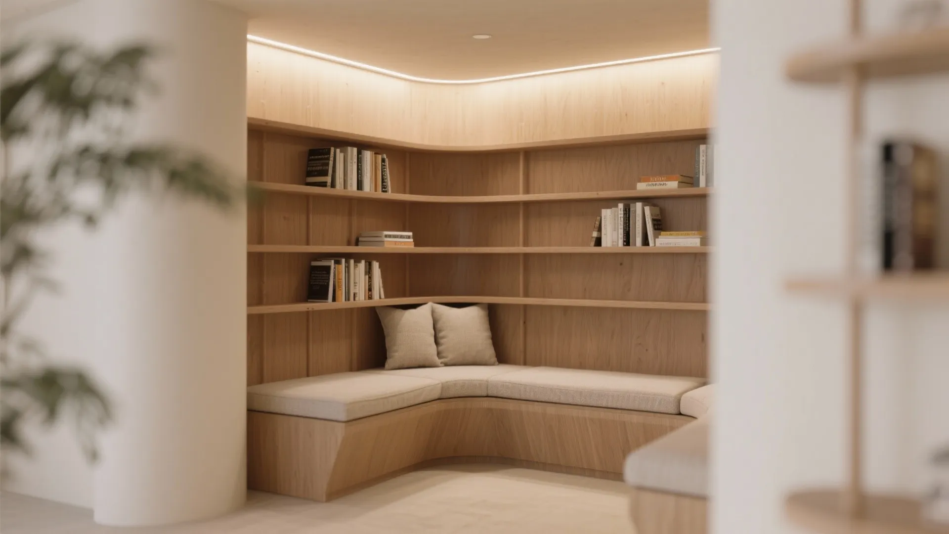 Modern curved wooden bookshelf with integrated seating bench soft pillows and warm hidden ceiling lights