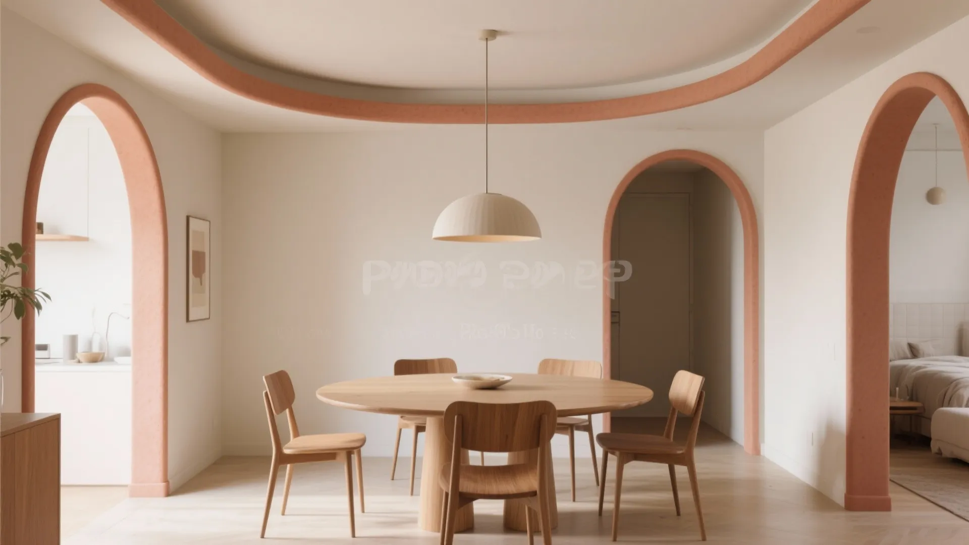 Modern dining area with curved pink ceiling details wooden round table and matching chairs design