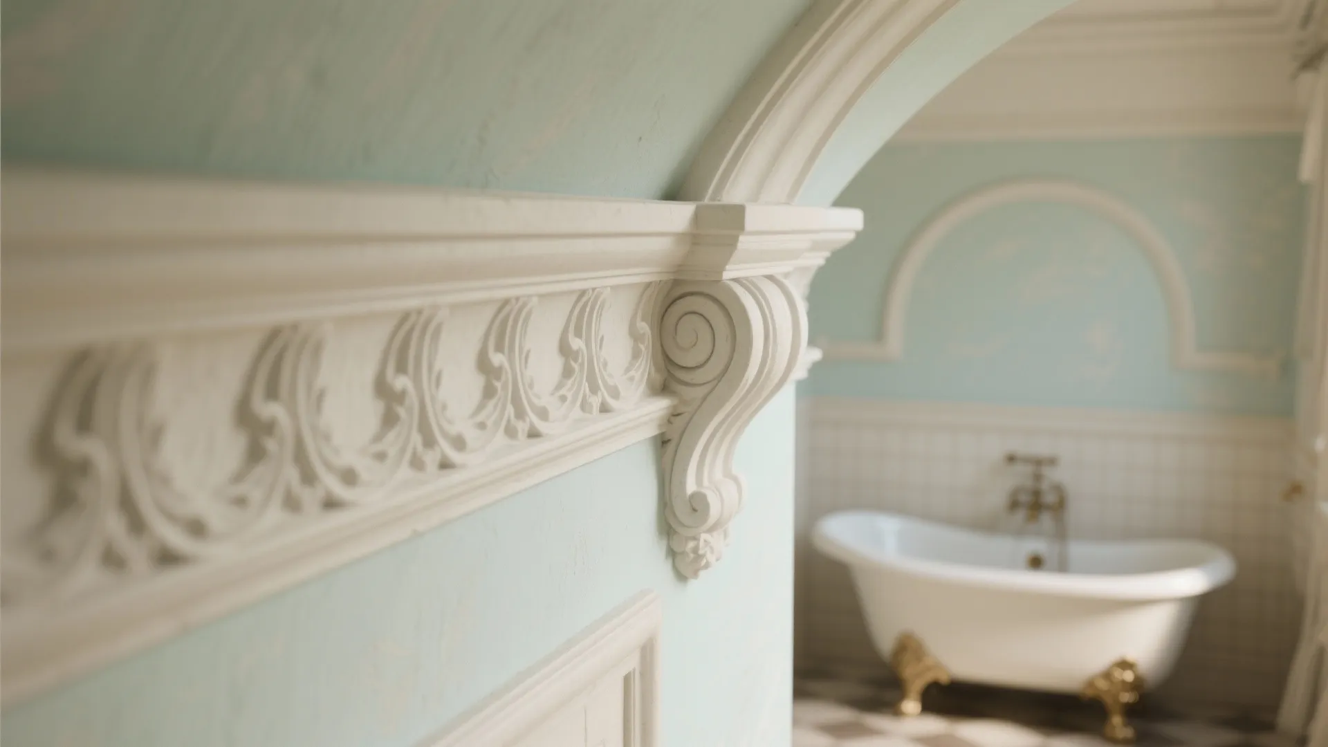 Detailed white decorative wall molding on light blue wall with bathtub in the blurry background