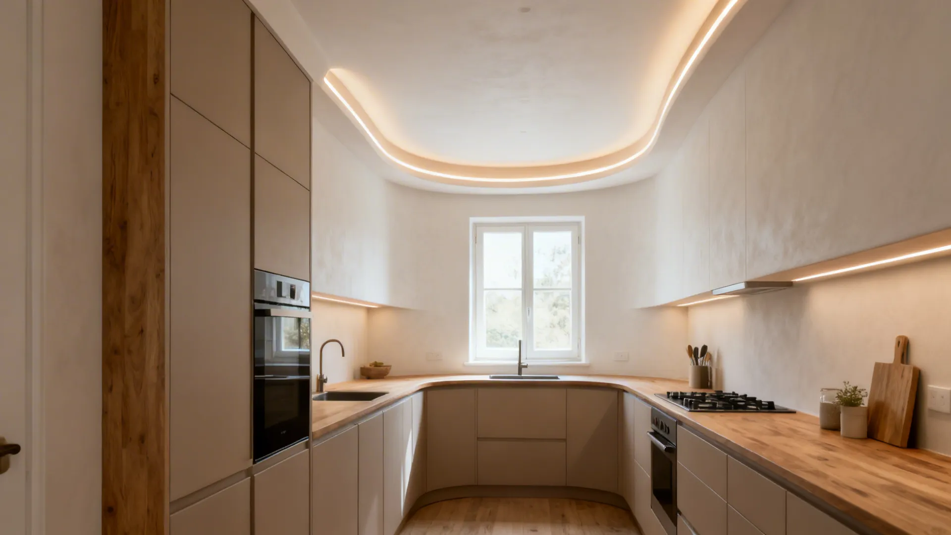 Modern kitchen with curved ceiling light strip wood countertops beige cabinets and a large window