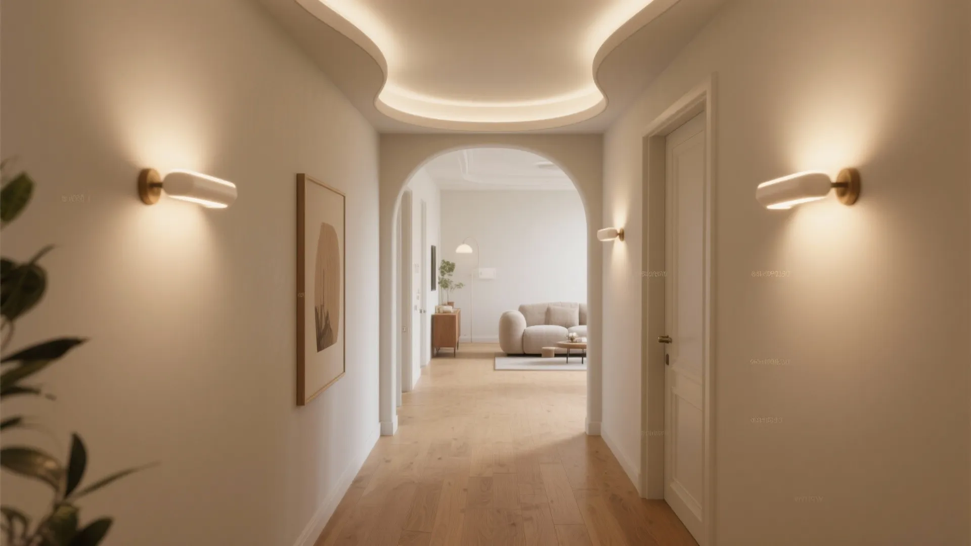 Bright white hallway with curved ceiling light, wall lights, and an archway into living room