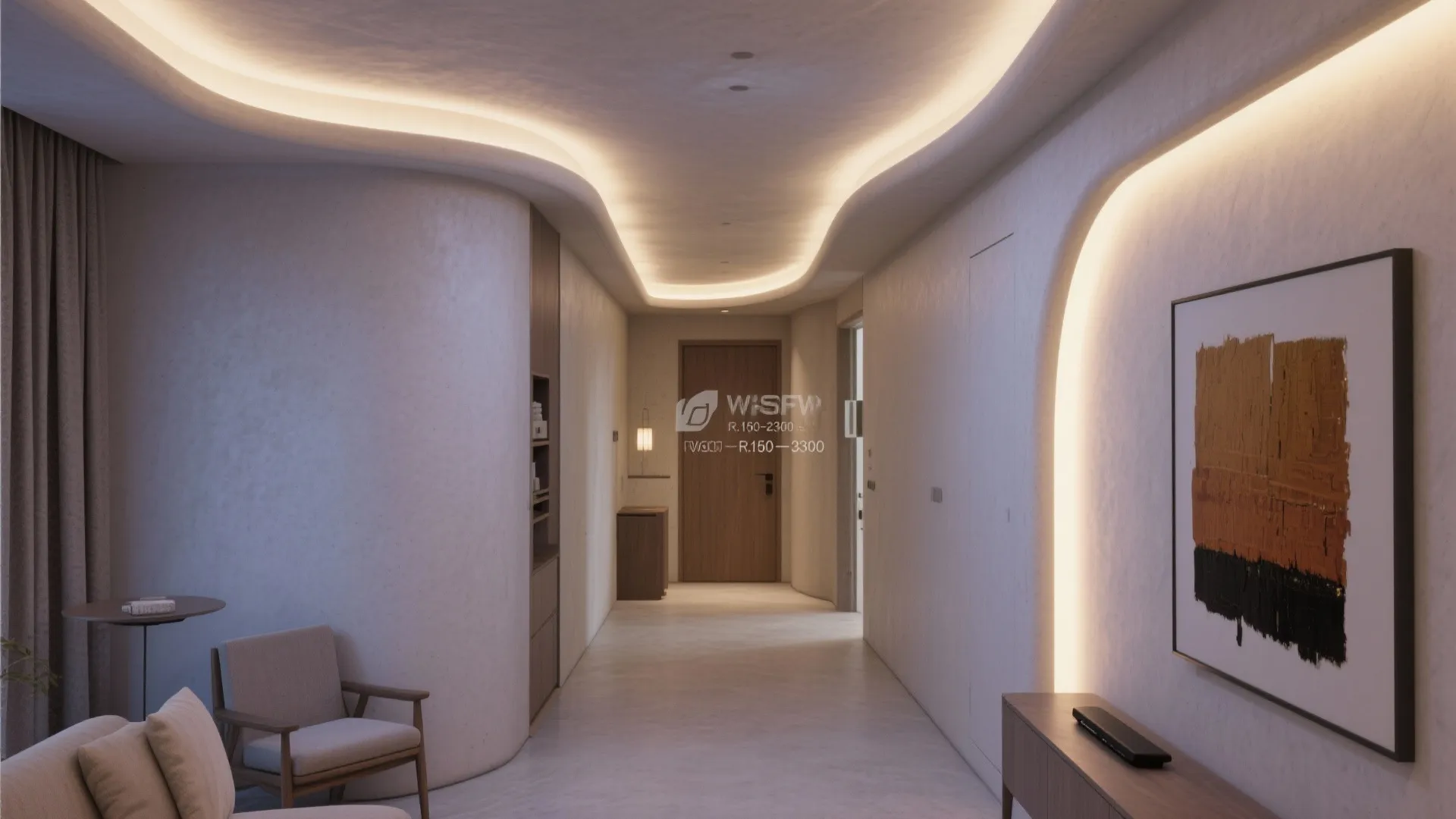Modern hallway with curved walls, warm ceiling light, wooden door, chair, and framed art piece