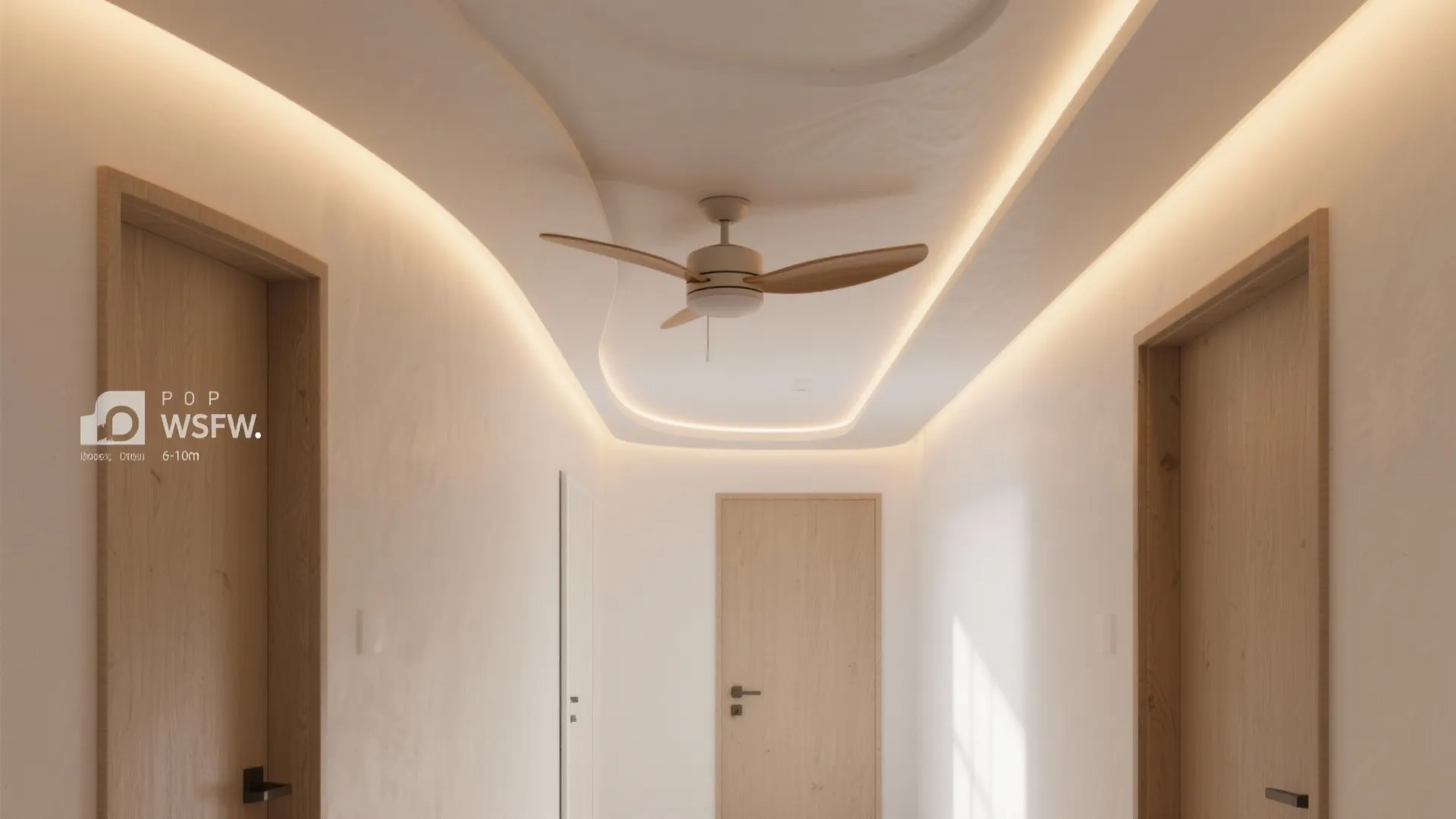 Modern hallway with curved ceiling light design wooden doors white walls and a ceiling fan