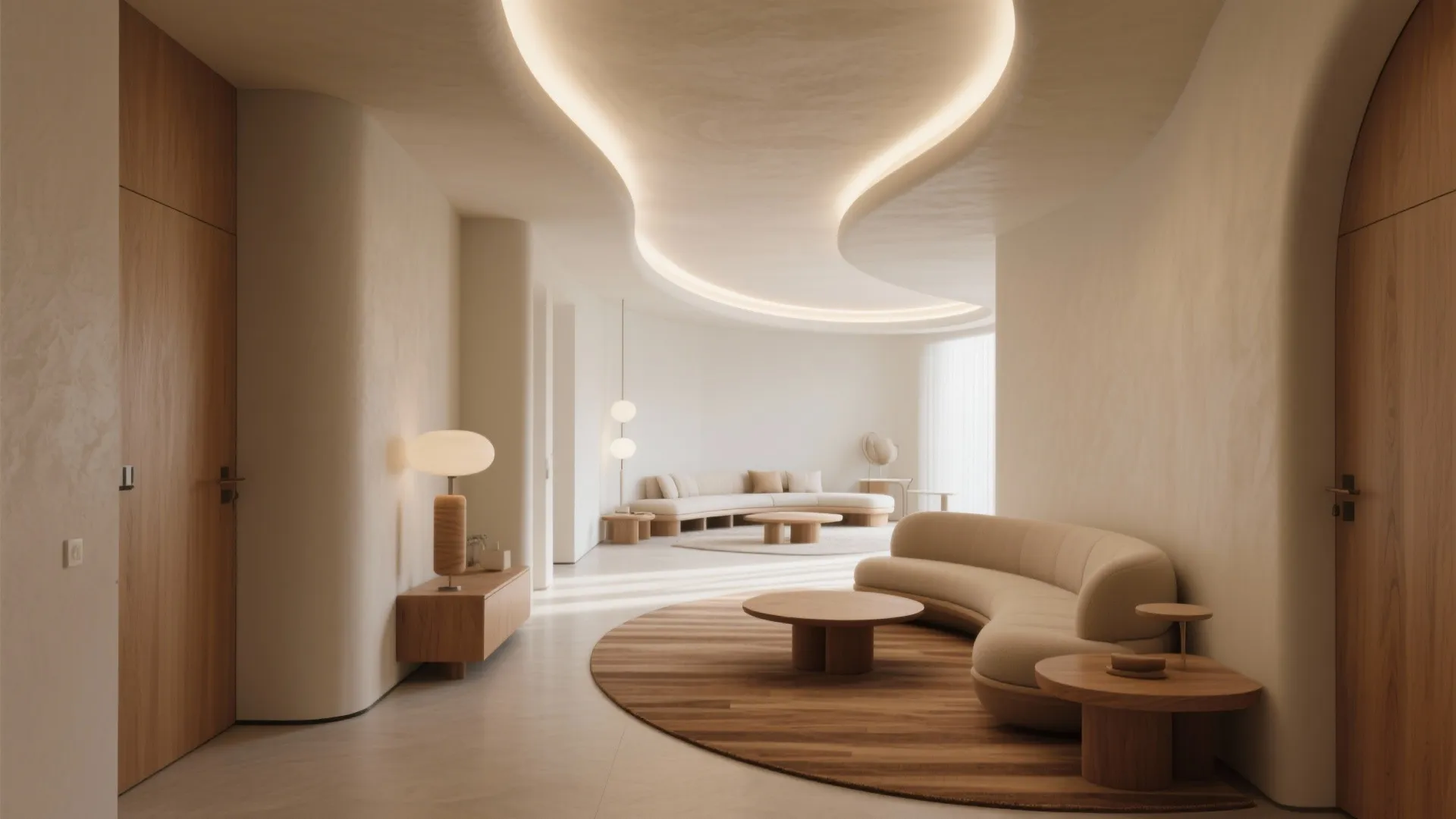 Curved POP Ceiling Softens the Hall