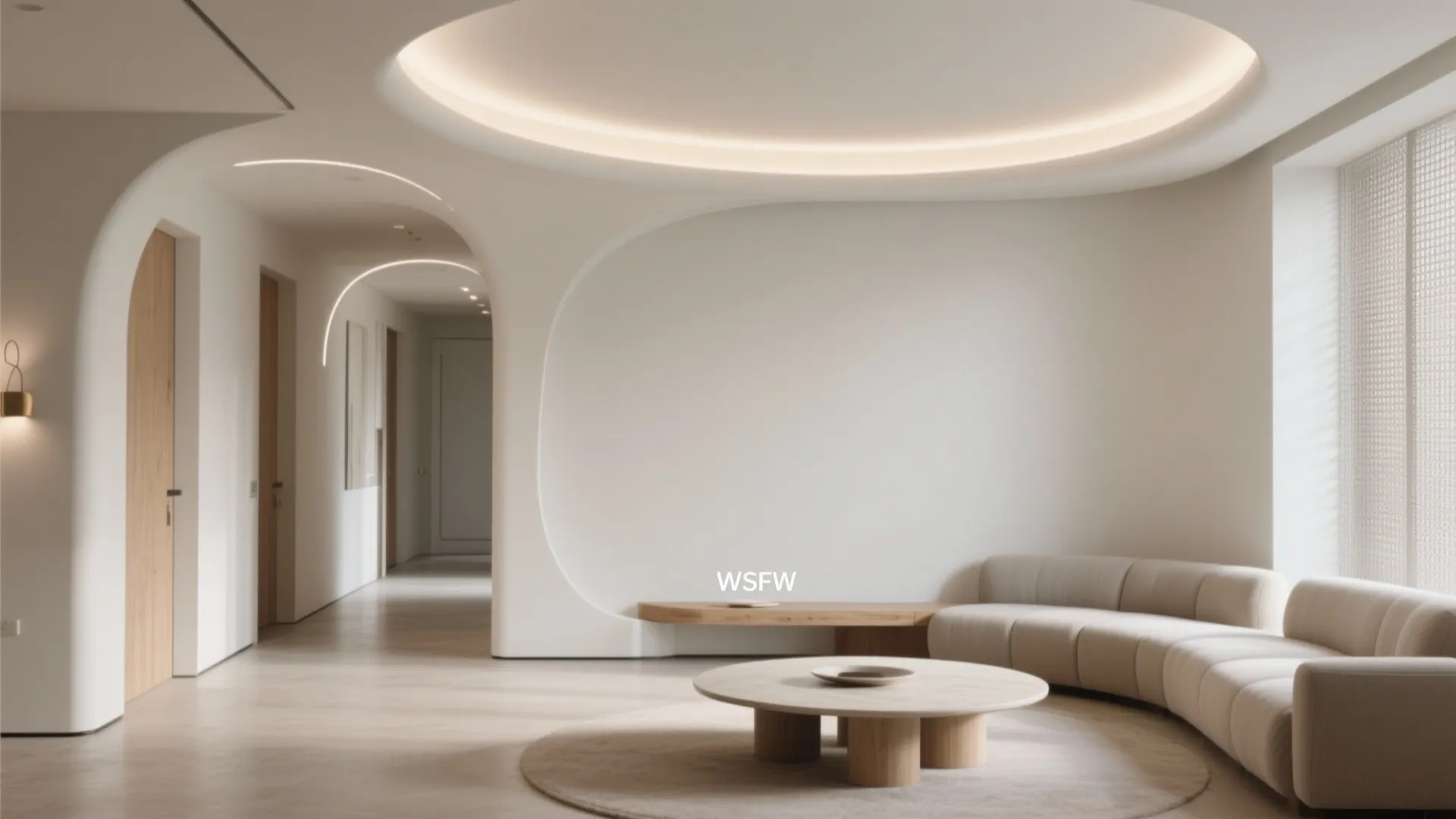 Modern minimalist living room with curved white walls round ceiling light beige sofa and rug