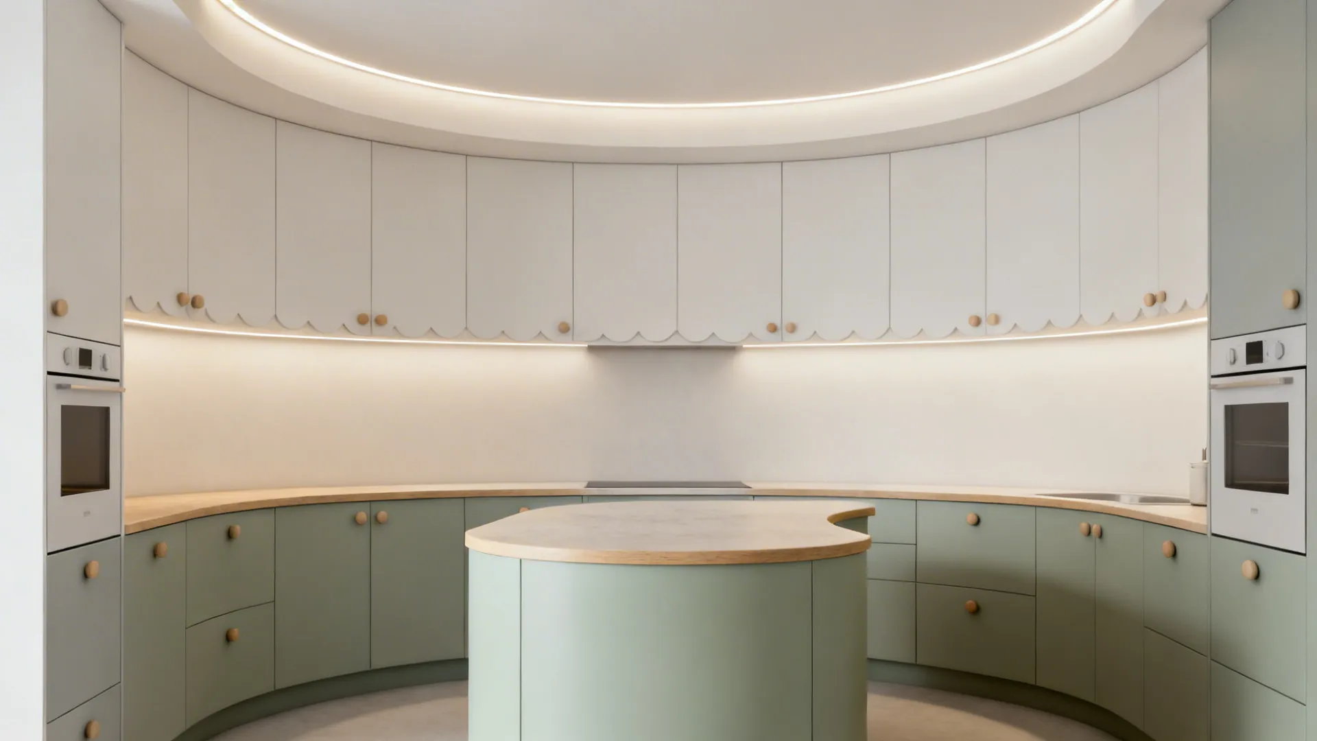 Small kitchen with a curved POP ceiling perimeter and even concealed LED wall wash.