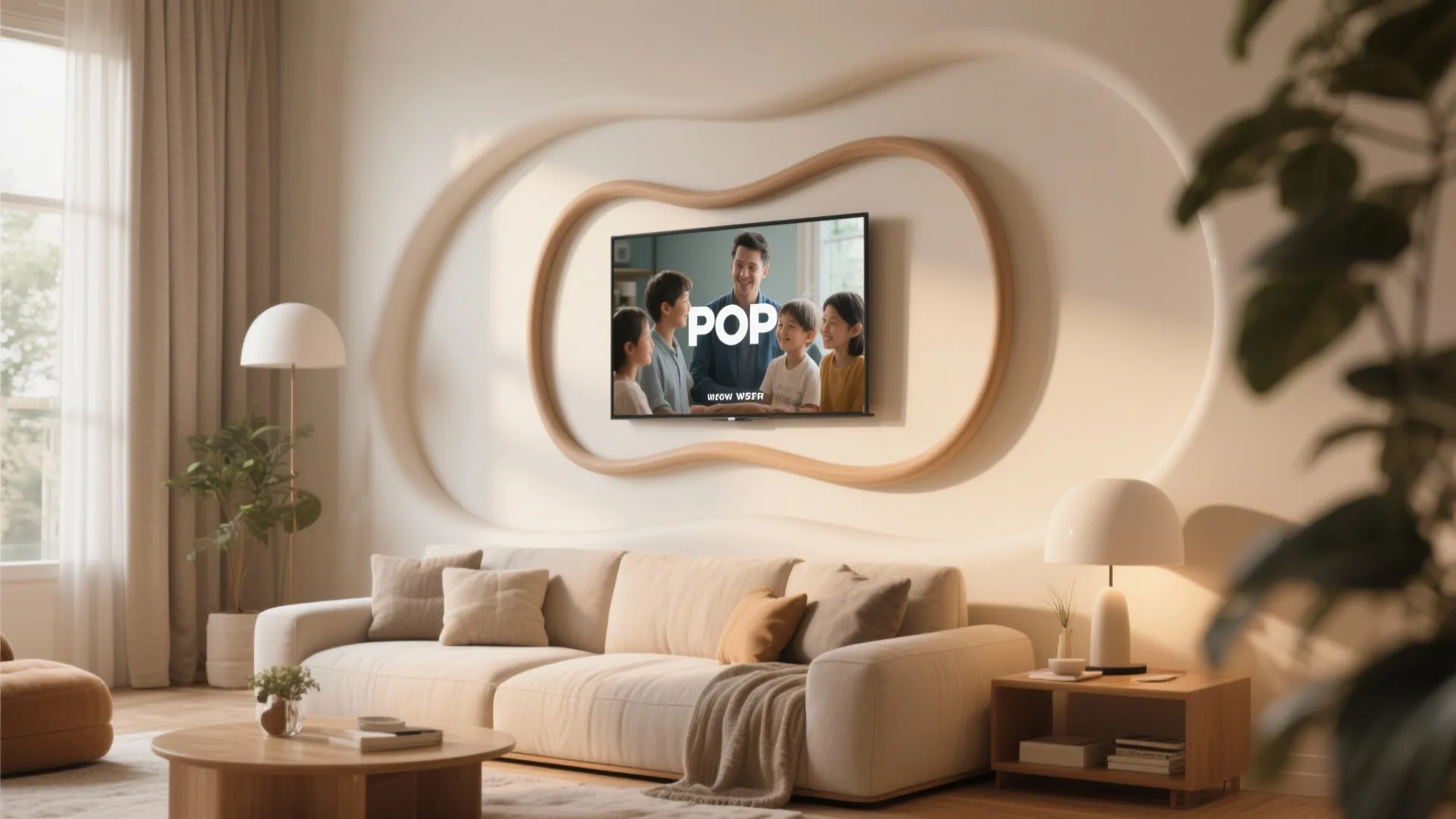 Bright living room with curved wall design television beige sofa round table and floor lamp