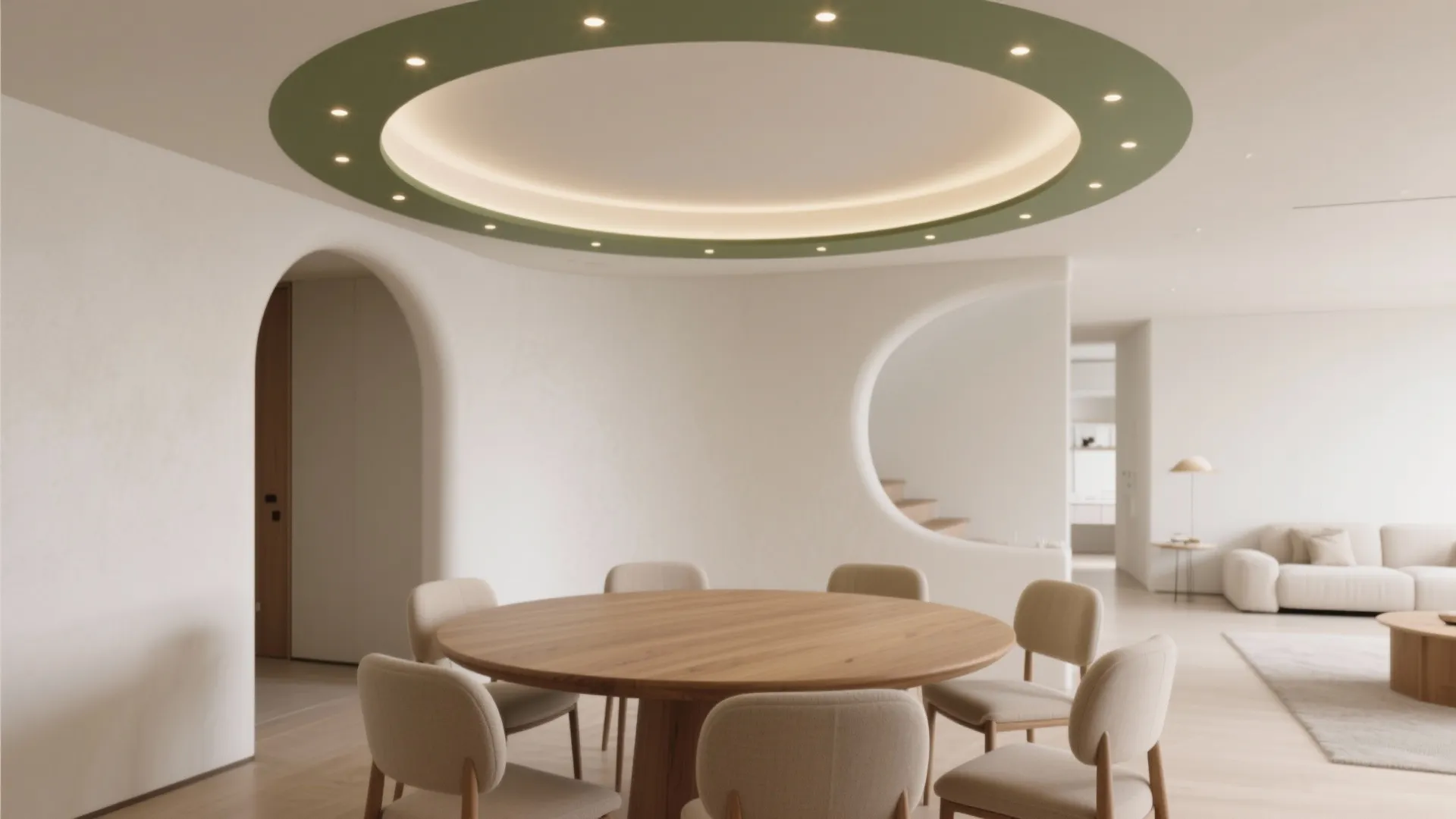 Round wooden dining table with chairs under green circular ceiling light and minimalist curved walls