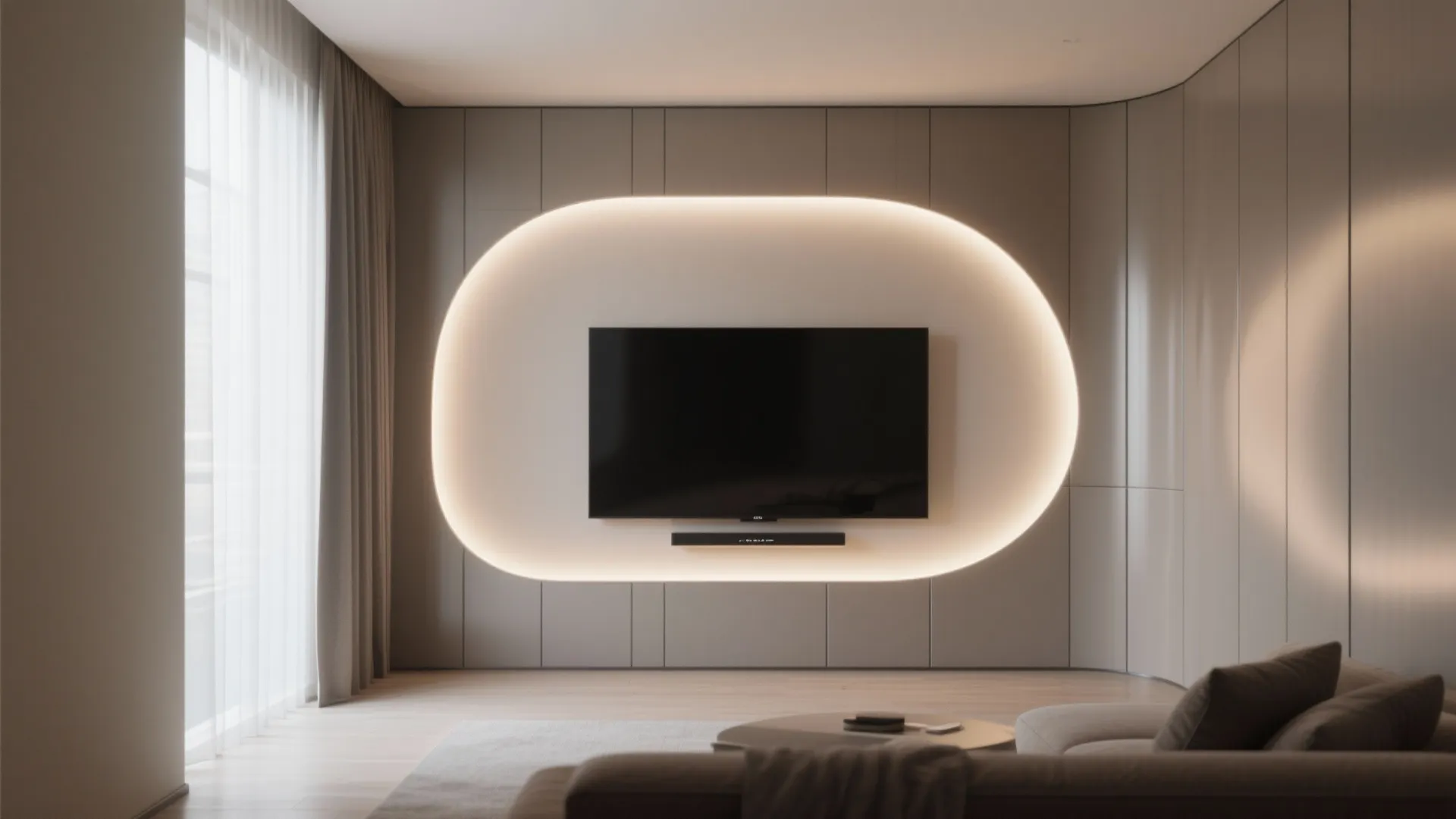 Modern living room with a wall mounted television inside a large glowing oval light feature