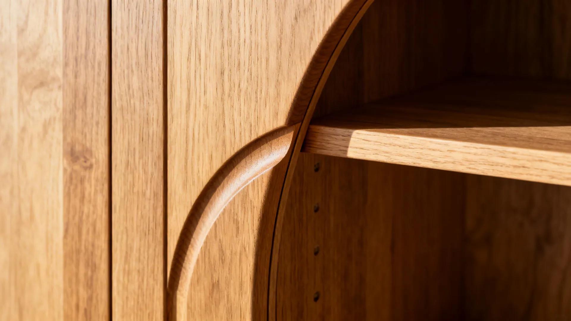 Close-up of a smooth radius on a curved pantry door and shelf with oak grain.