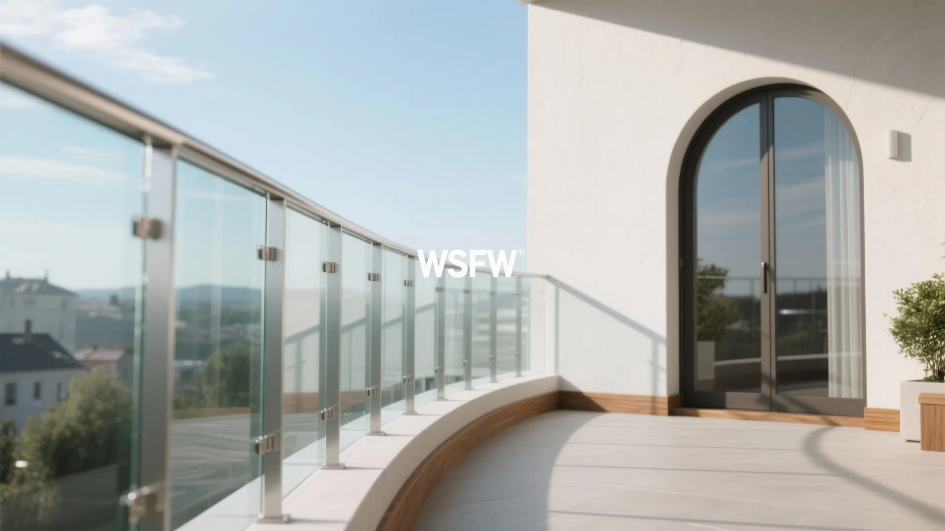 Modern outdoor curved balcony with glass railing wood trim white walls and arched glass door